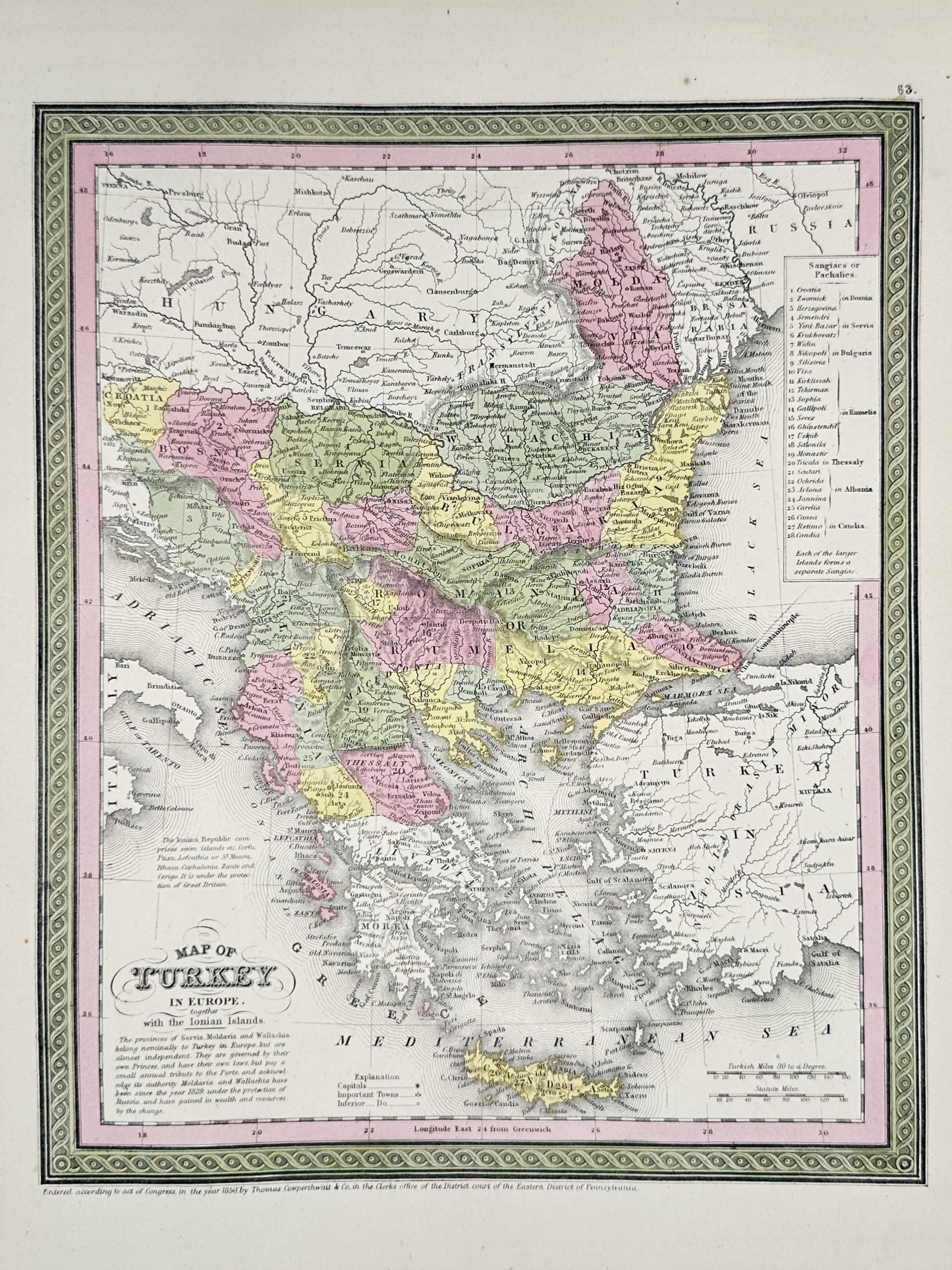 Thomas Cowperthwait & Co. – Map of Turkey in Europe – Hand-coloured Engraving (1850) (1 of 2)