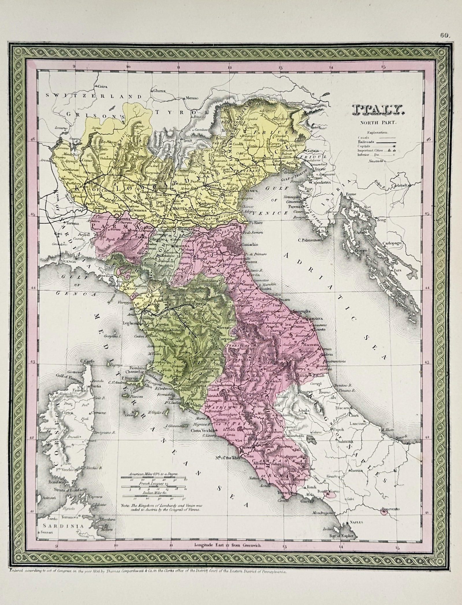 Thomas Cowperthwait & Co. – Map of Italy, North Part – Hand-coloured Engraving (1850) (1 of 2)