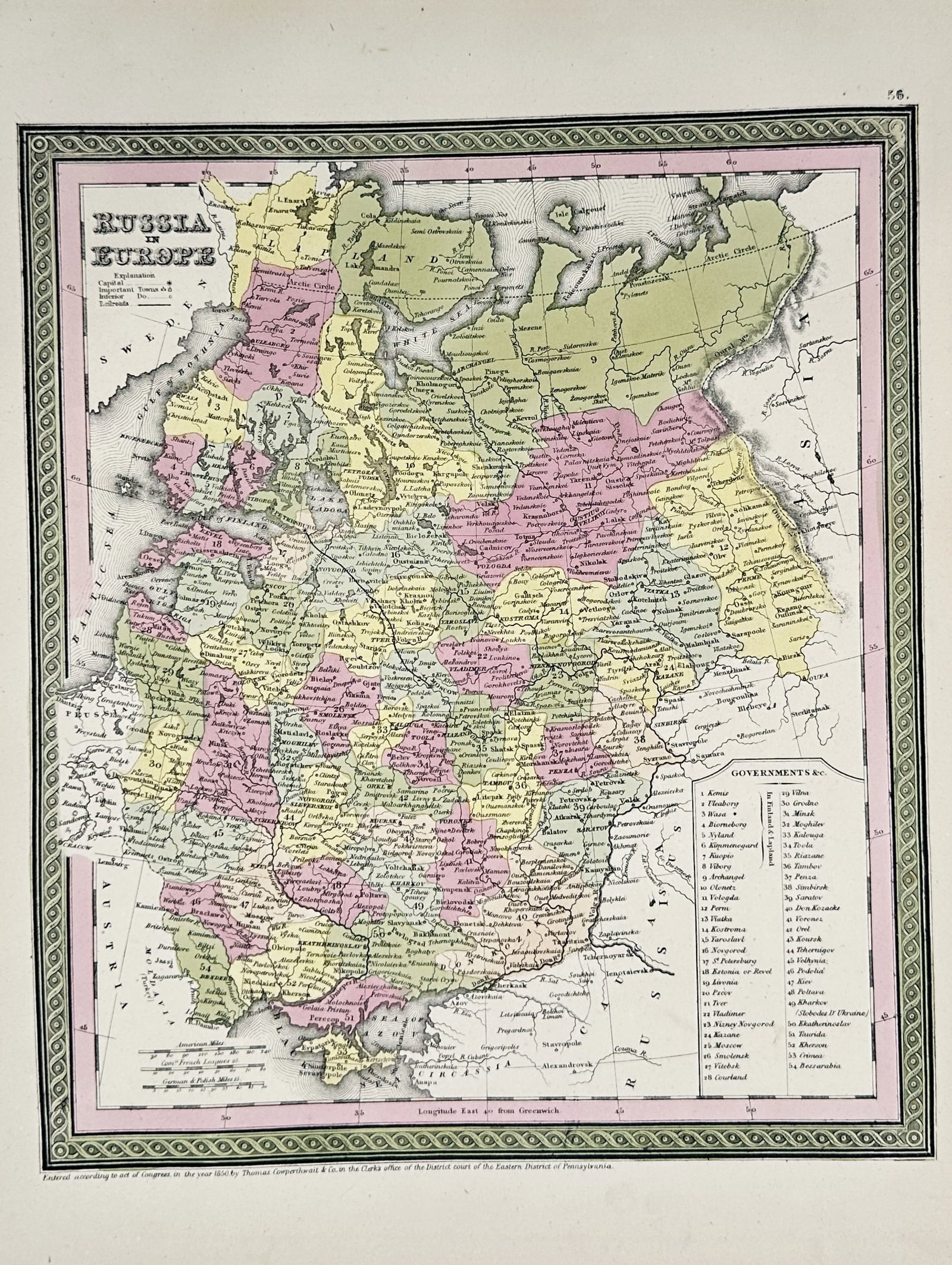 Thomas Cowperthwait & Co. – Map of Russia in Europe – Hand-coloured Engraving (1850) (1 of 2)