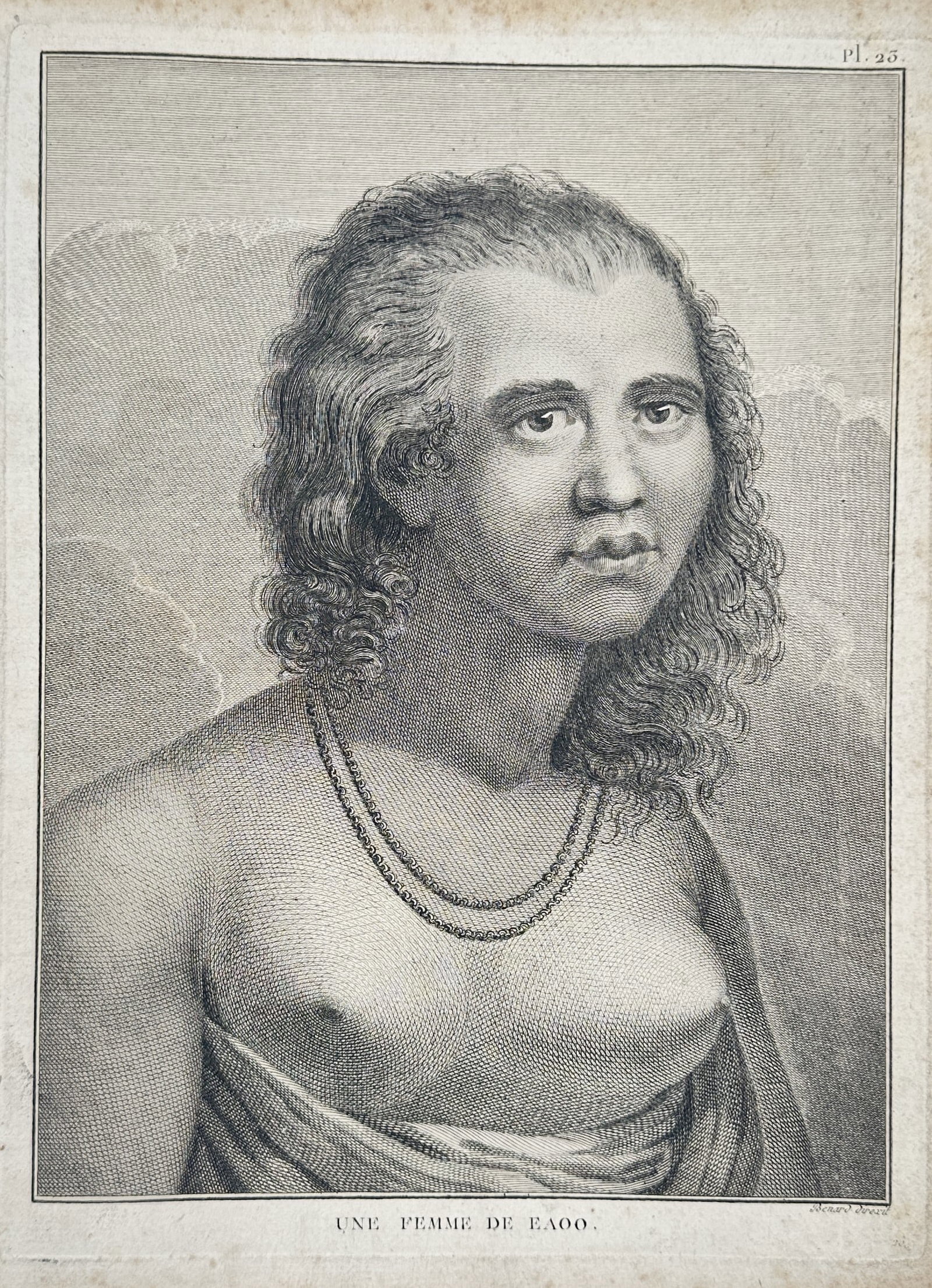 John Webber (1751-1793) – A woman from Eaoo – Engraving (1785): "Une femme de Eaoo" depicts a portrait of an individual from the island of Eaoo, historically documented during Pacific explorations. The engraving captures the subject’s likeness, highlighting deta