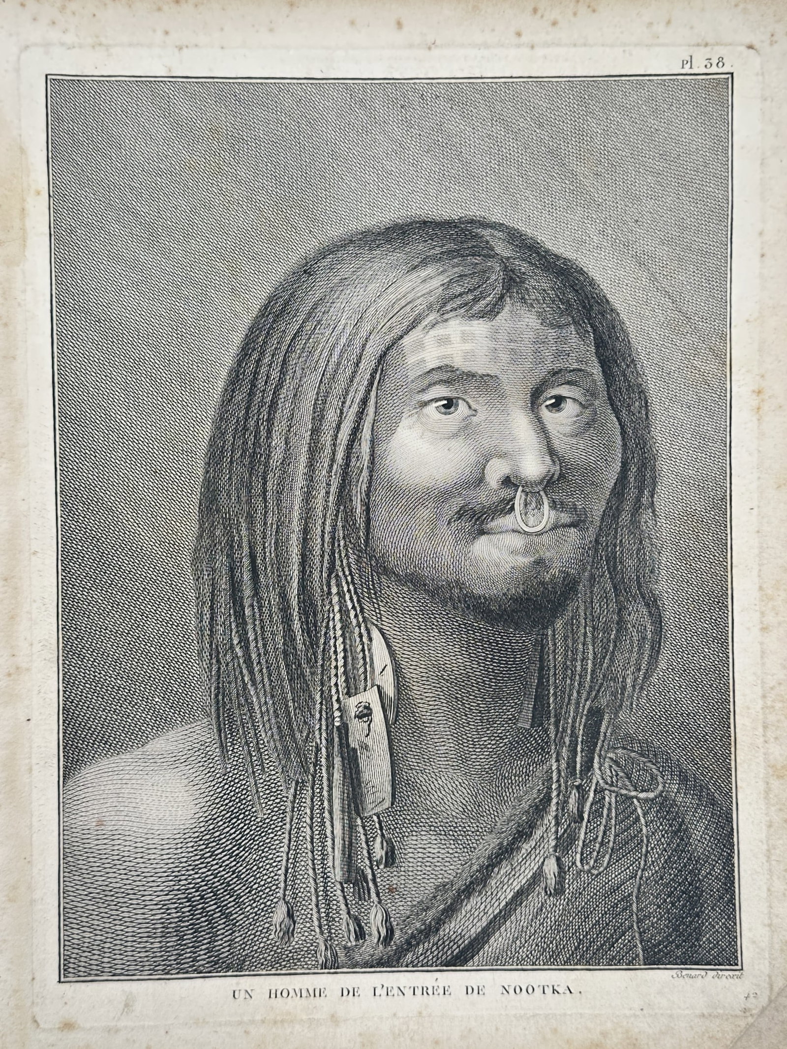John Webber (1751-1793) – A man from the entrance of Nootka – Engraving (1785): "Un homme de l'entree de Nootka" depicts a portrait of a person from the region of Nootka Sound, documented during maritime explorations in the Pacific. The engraving captures the subject’s likeness