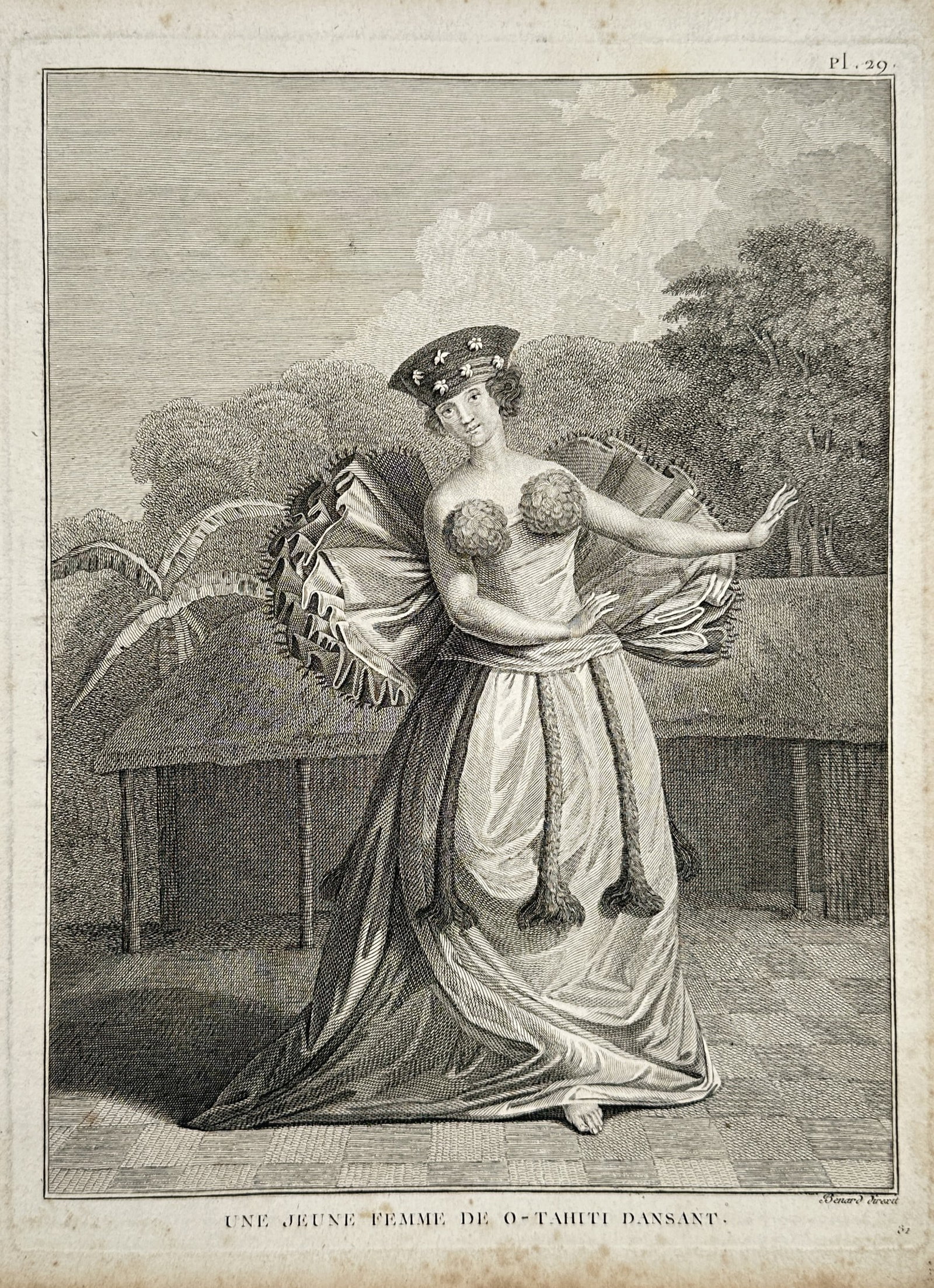 John Webber (1751-1793) – Dancer from Tahiti – Engraving (1785): "Une jeune femme de O-Tahiti dansant" depicts a person participating in a traditional dance, captured in a formal posture within a tropical setting. This engraving serves as a visual record from the p