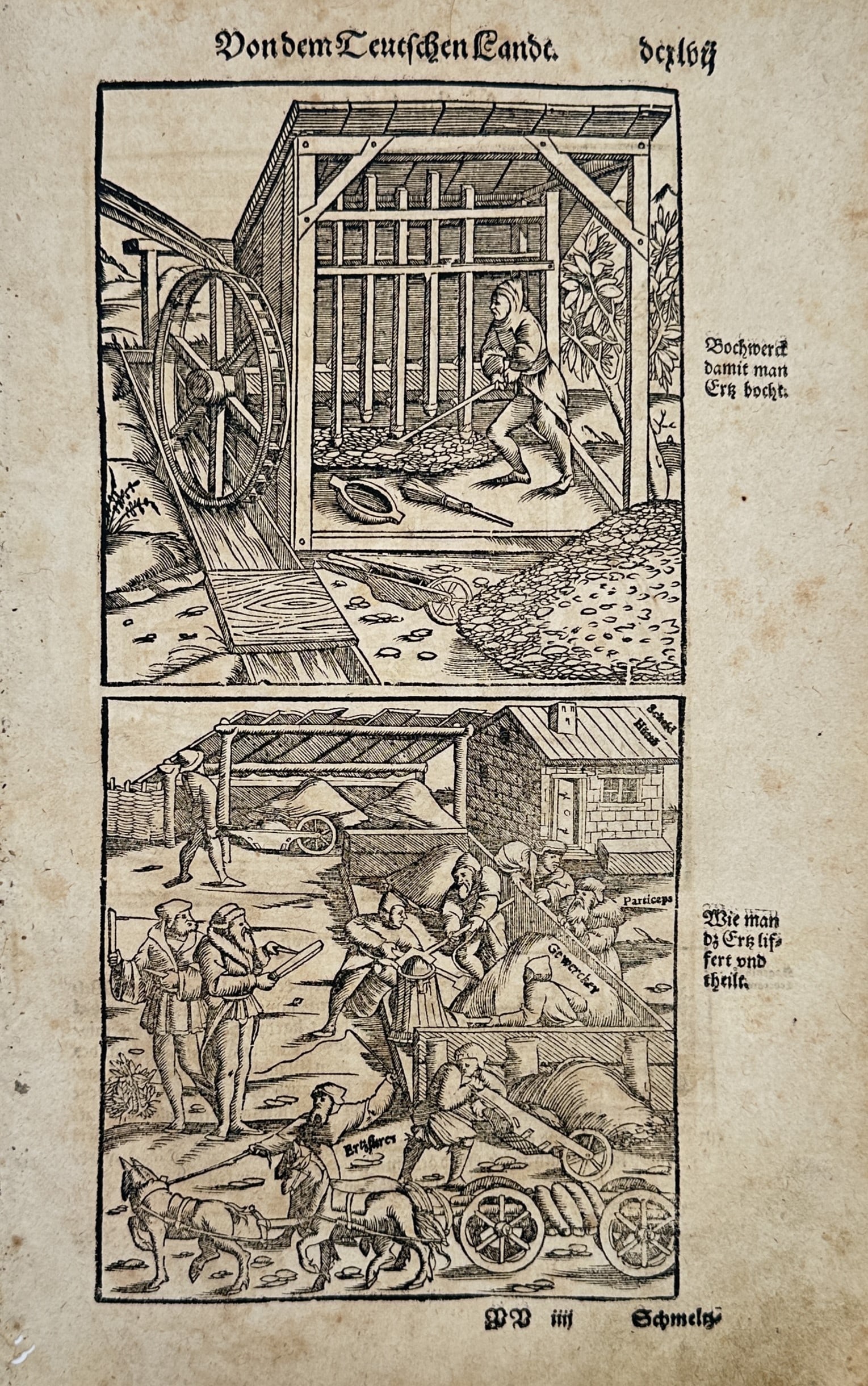Sebastian Munster (1488-1552) – On the German Lands and the Methods of Mining – Woodcut: "Vondem Teutschen Landt" details historical industrial practices, specifically highlighting the technical processes of early European mining and metallurgy. The upper woodcut depicts a water-powered s