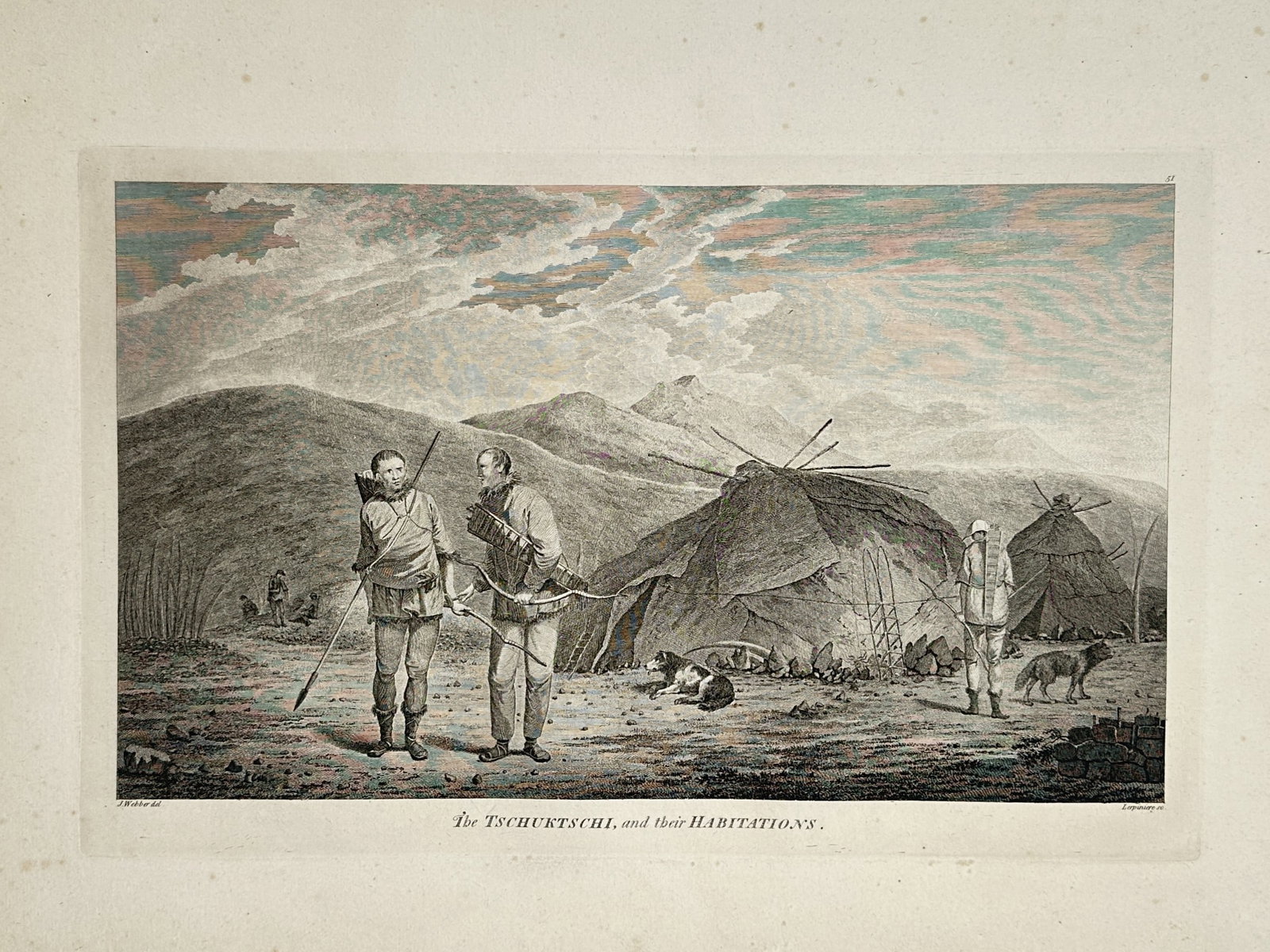 John Webber (1751-1793) – The Tschuktschi and their Habitations – Hand-coloured engraving (1784): "The Tschuktschi, and their Habitations" depicts the Chukchi people of northeastern Asia standing before their traditional dwellings in a mountainous landscape. The scene illustrates individuals equip