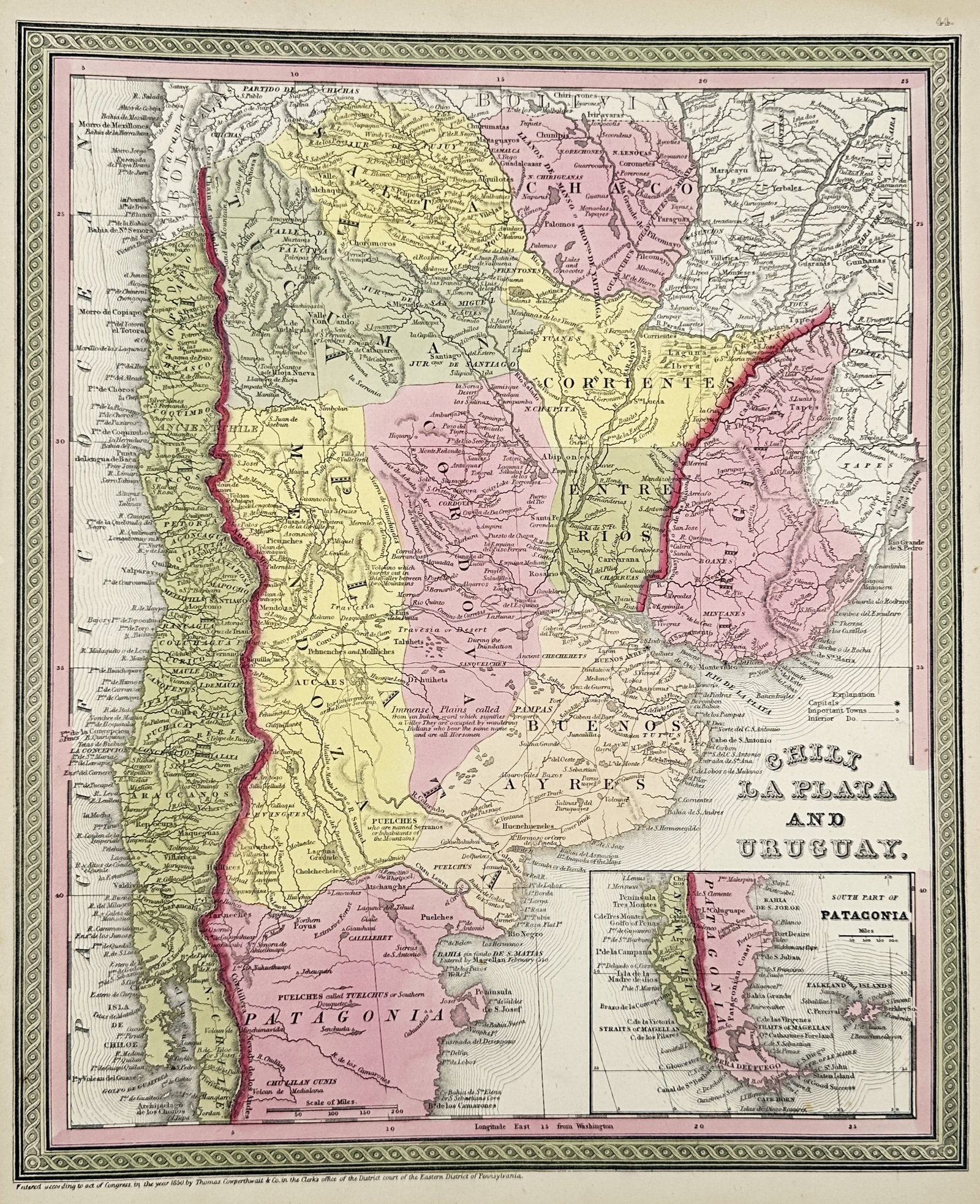 Thomas Cowperthwait & Co. (Active 1850s) – Map of Chili, La Plata, and Uruguay – South America: "Chili, La Plata and Uruguay" represents a detailed mid-nineteenth-century geographic survey illustrating the southern region of South America, including Chile, Argentina, and Uruguay. The map shows r