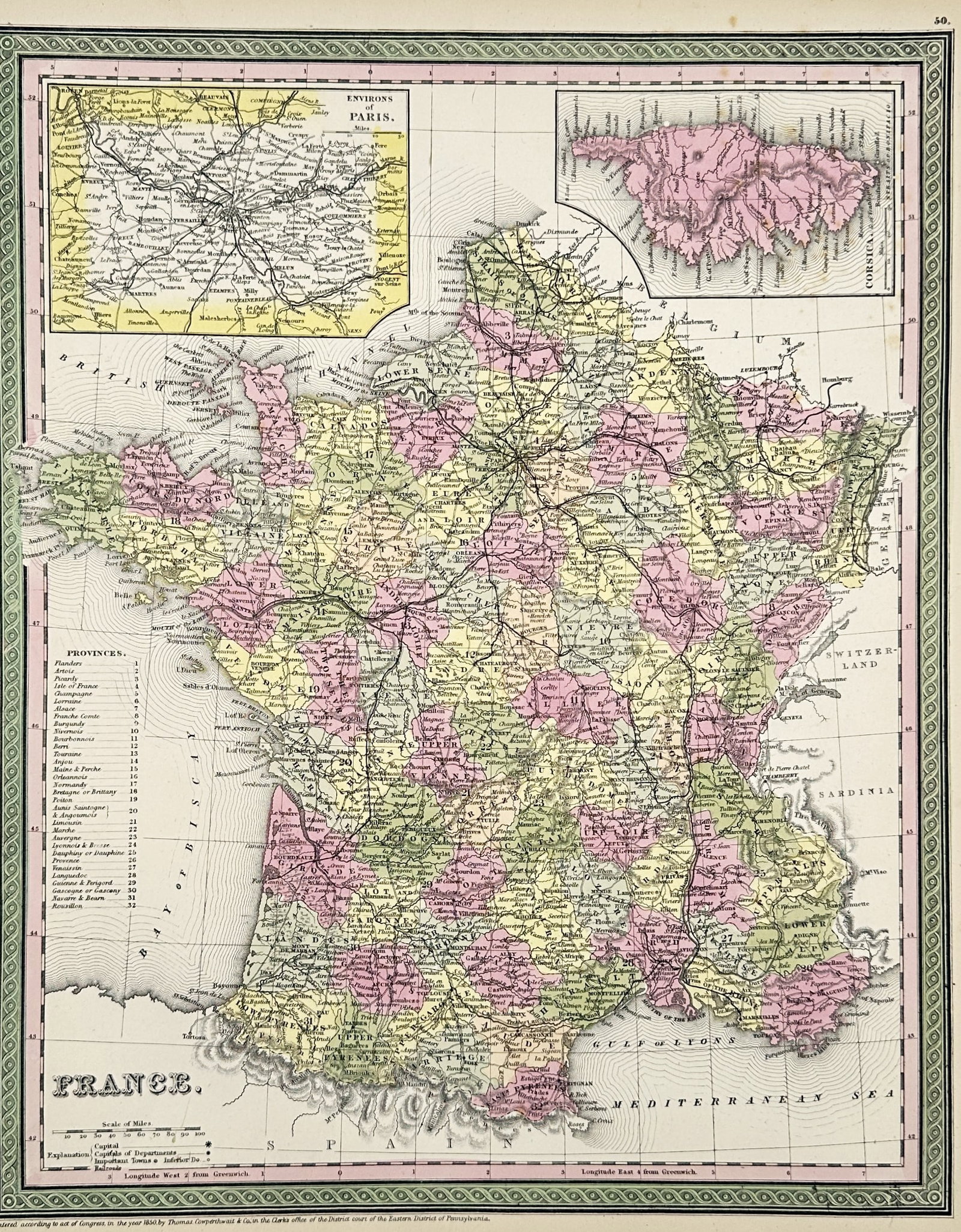 Thomas Cowperthwait & Co. (Active 1850s) – Map of France – Europe: "France" represents a detailed mid-nineteenth-century geographic survey illustrating the country of France, divided into its historical provinces and departments. The map shows regional political boun