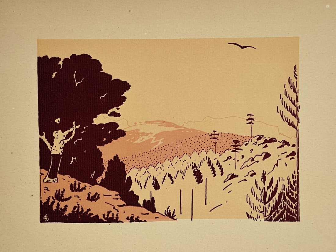Gaston-Stéphane (20th Century) – Modernist Hillside Landscape with Figure – Lithograph: "Modernist Hillside Landscape with Figure" features a stylized graphic view of a rolling valley backdrop framed by structured pine trees and hilly terrain rendered in bold tones of burgundy and warm p