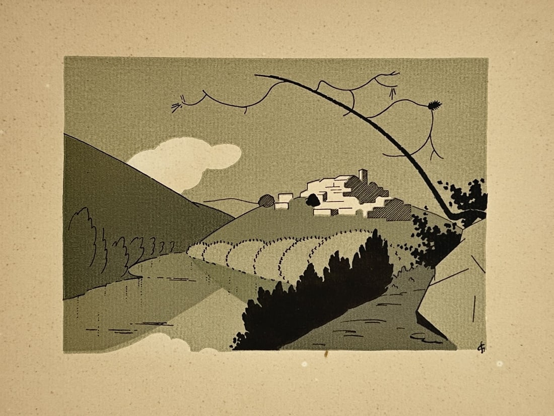 Gaston-Stéphane (20th Century) – Modernist Hilltop Village and River – Lithograph (20th (1 of 2)