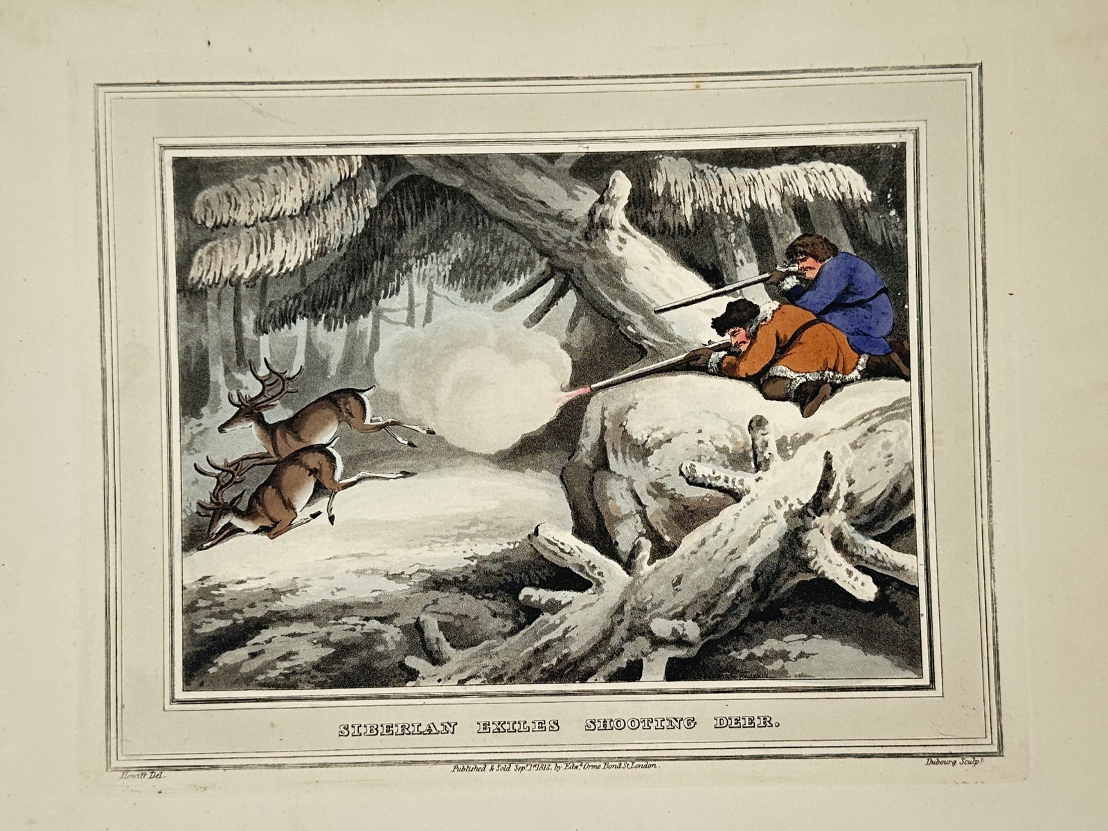 Samuel Howitt (1756–1822) – Siberian Exiles Shooting Deer – Hand-coloured aquatint (1813) (1 of 2)