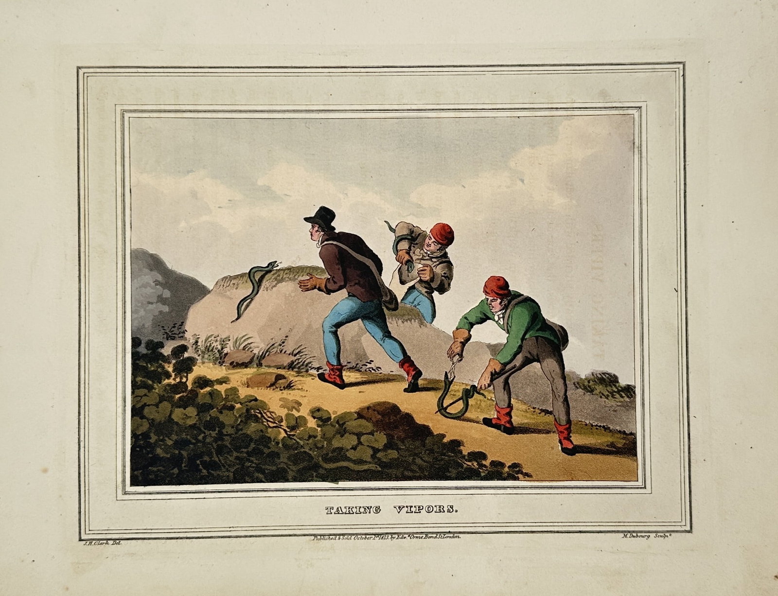 John Heaviside Clark (c. 1771–1863) – Taking Vipers – Hand-coloured aquatint (1813): Features a dramatic scene on a rocky hillside path, showcasing three men carefully capturing snakes with specialized tools and bags amidst low vegetation under a cloudy sky. This print is from a promi