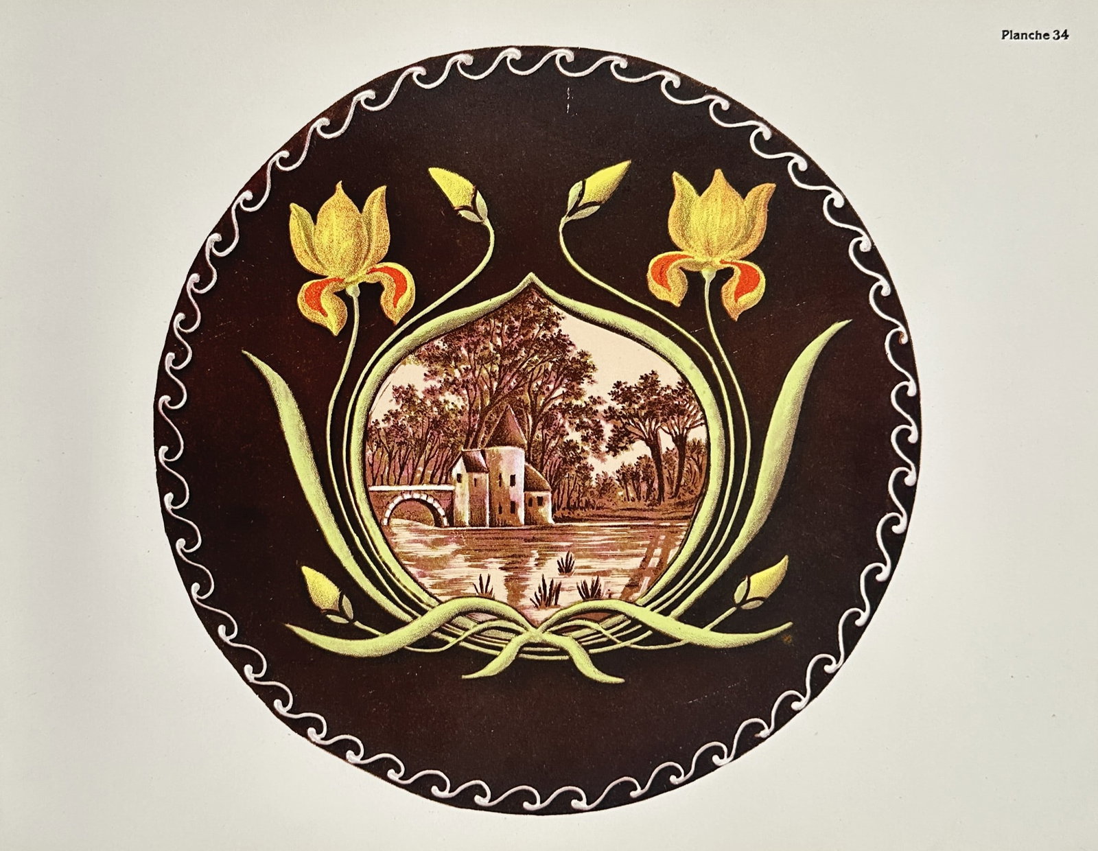 Eugène Grasset (1845–1917) – Art Nouveau Landscape and Iris Motif – Chromolithograph (1897): Art Nouveau Landscape and Iris Motif features a circular decorative pattern on a dark background enclosed by a wave border, showcasing a central landscape vignette with a stone mill and bridge reflect