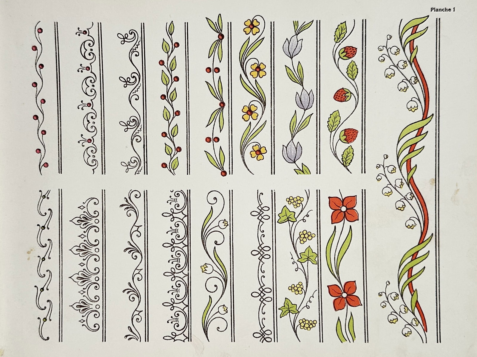 Marie-Charlotte Rousseau – Art Nouveau Floral and Ornamental Borders – Chromolithograph: Art Nouveau Floral and Ornamental Borders features a decorative sheet displaying multiple vertical border friezes, showcasing stylized botanical designs including lilies of the valley, wild strawberri