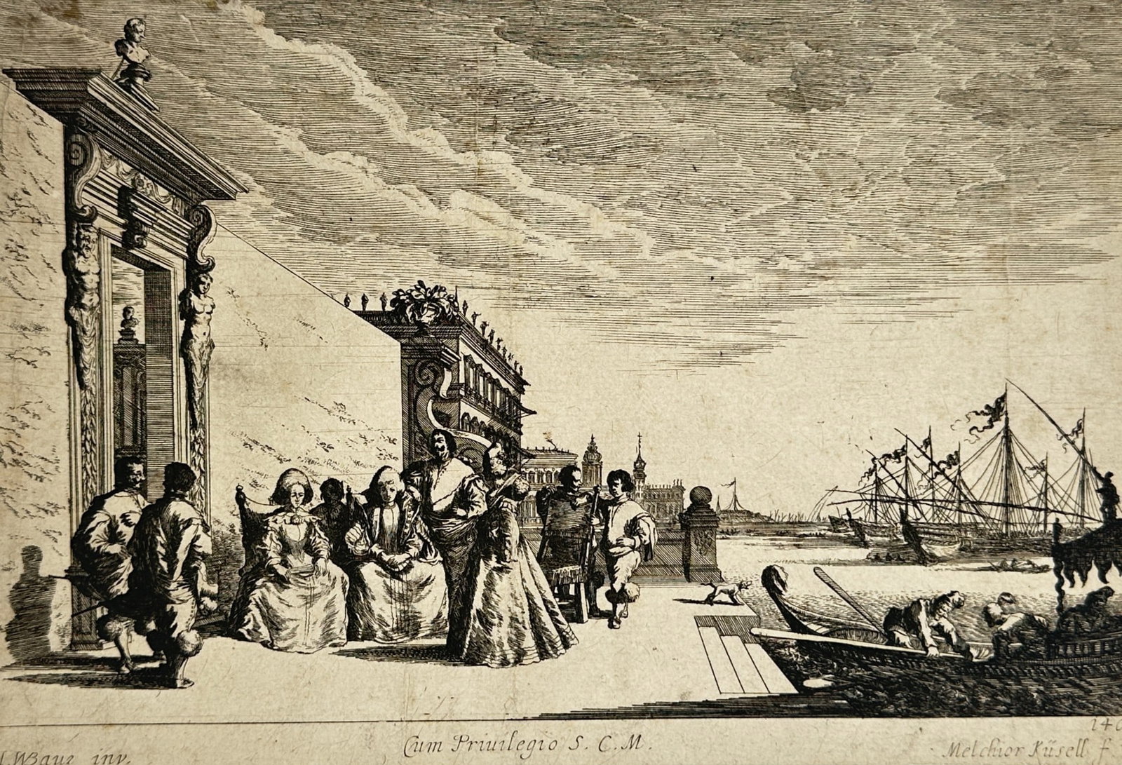 Johann Wilhelm Baur – Seaport Scene with Neapolitan Ladies – Copper engraving and etching (1 of 2)