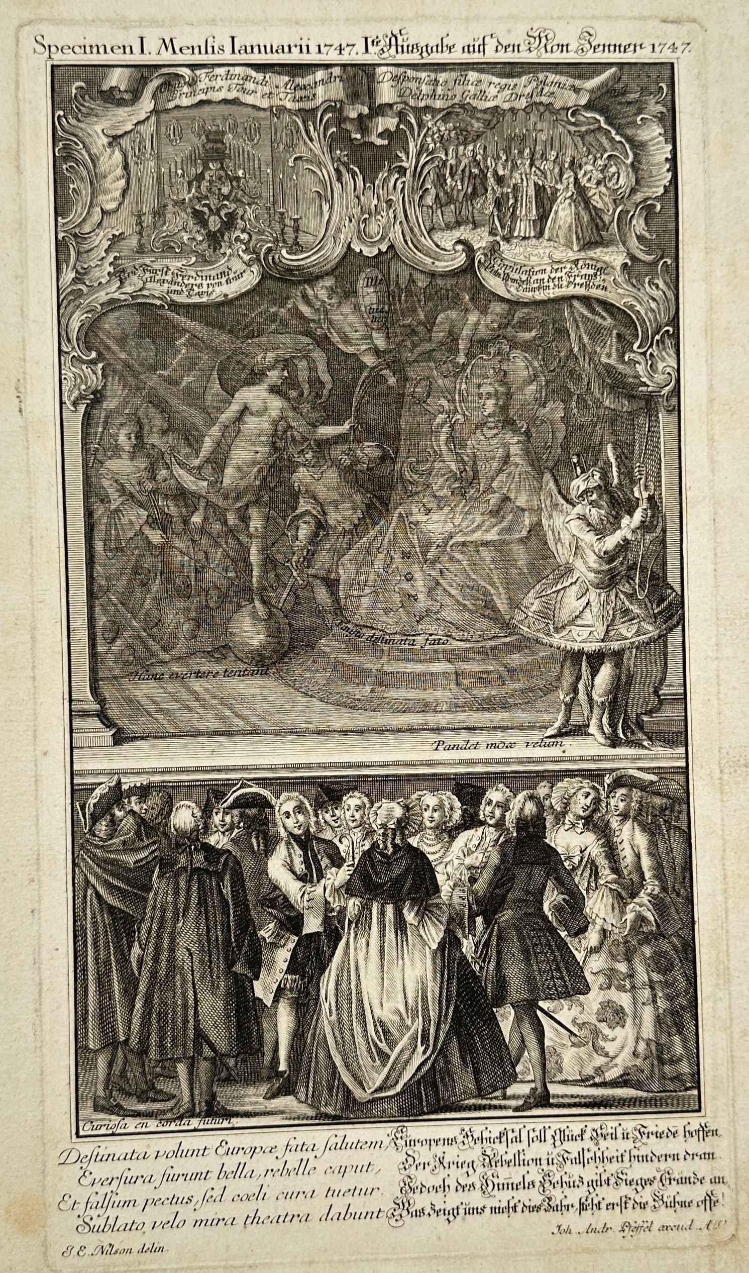 Johann Esaias Nilson – Allegorical Theater of European Fate for January 1747 – Copper engraving (1 of 2)