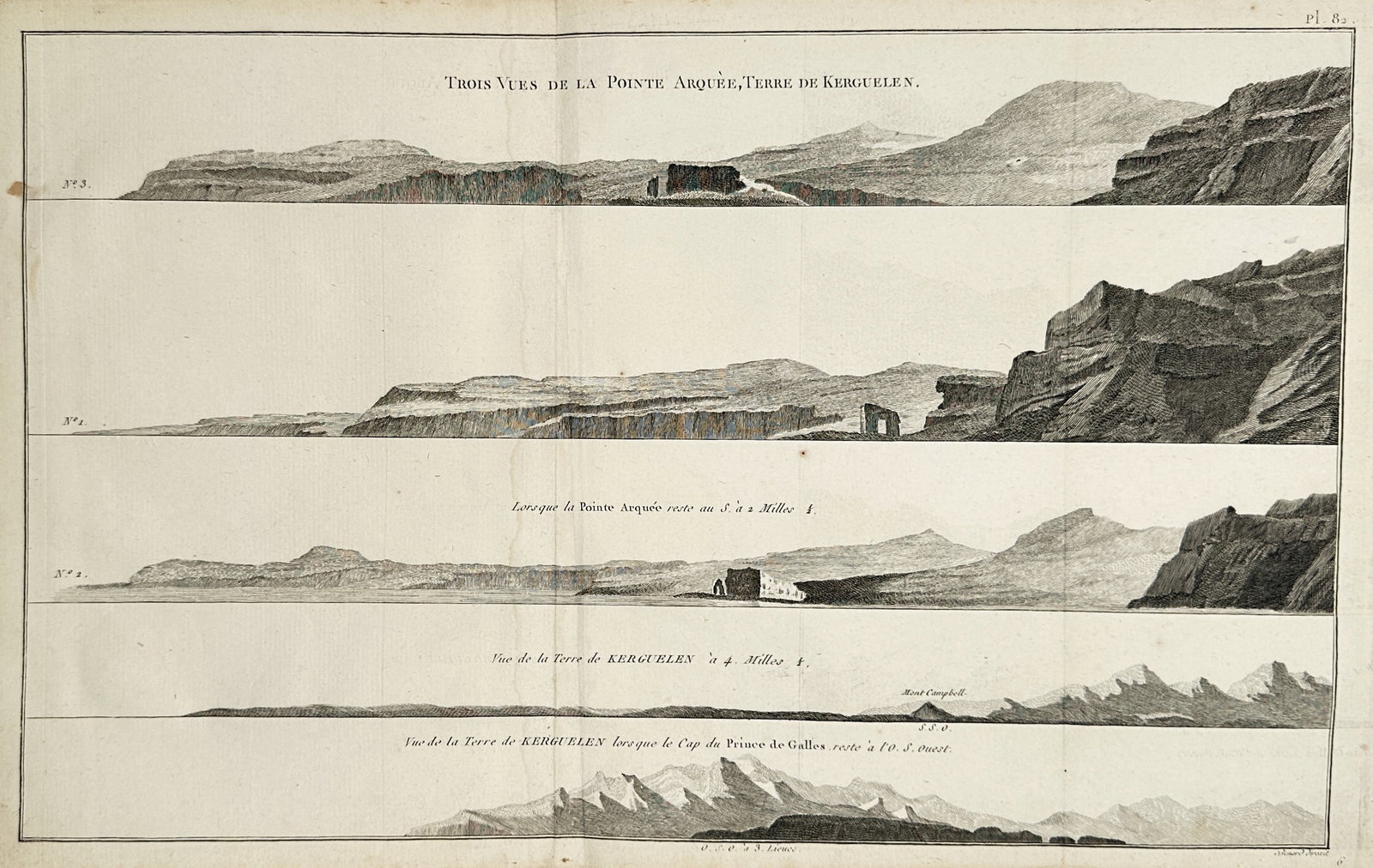 Captain James Cook – Three Views of Arched Point, Kerguelen Land – Copper engraving (1785): Trois Vues de la Pointe Arquée, Terre de Kerguelen features five horizontal coastal profiles panelled vertically within a single border, showing the rugged, mountainous terrain and sea cliffs of the 