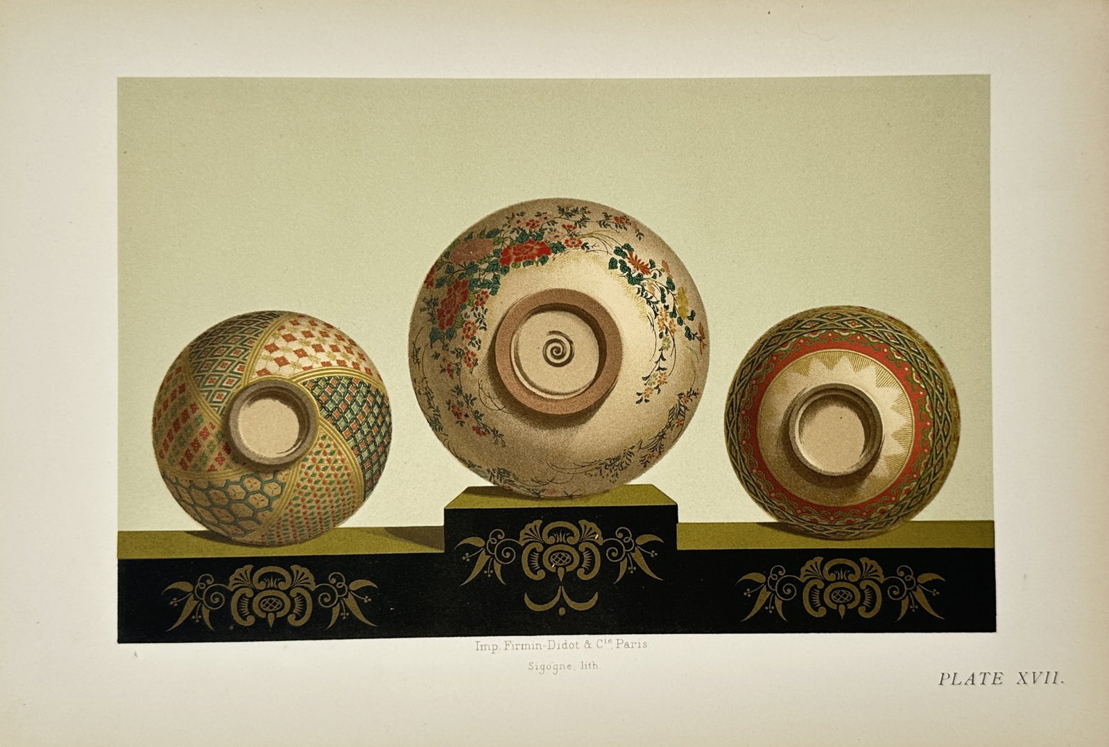 George Ashdown Audsley – Ceramic Bowls with Floral and Geometric Patterns – Chromolithograph: Ceramic Bowls with Floral and Geometric Patterns features a detailed decorative arts study illustrating three ornate ceramic bowls turned upside down to display their exterior patterns, arranged on a 