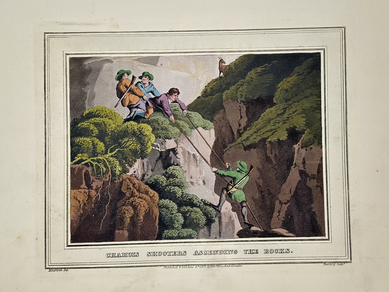 Samuel Howitt (1756–1822) – Chamois Shooters Ascending the Rocks – Hand-coloured aquatint (1 of 2)