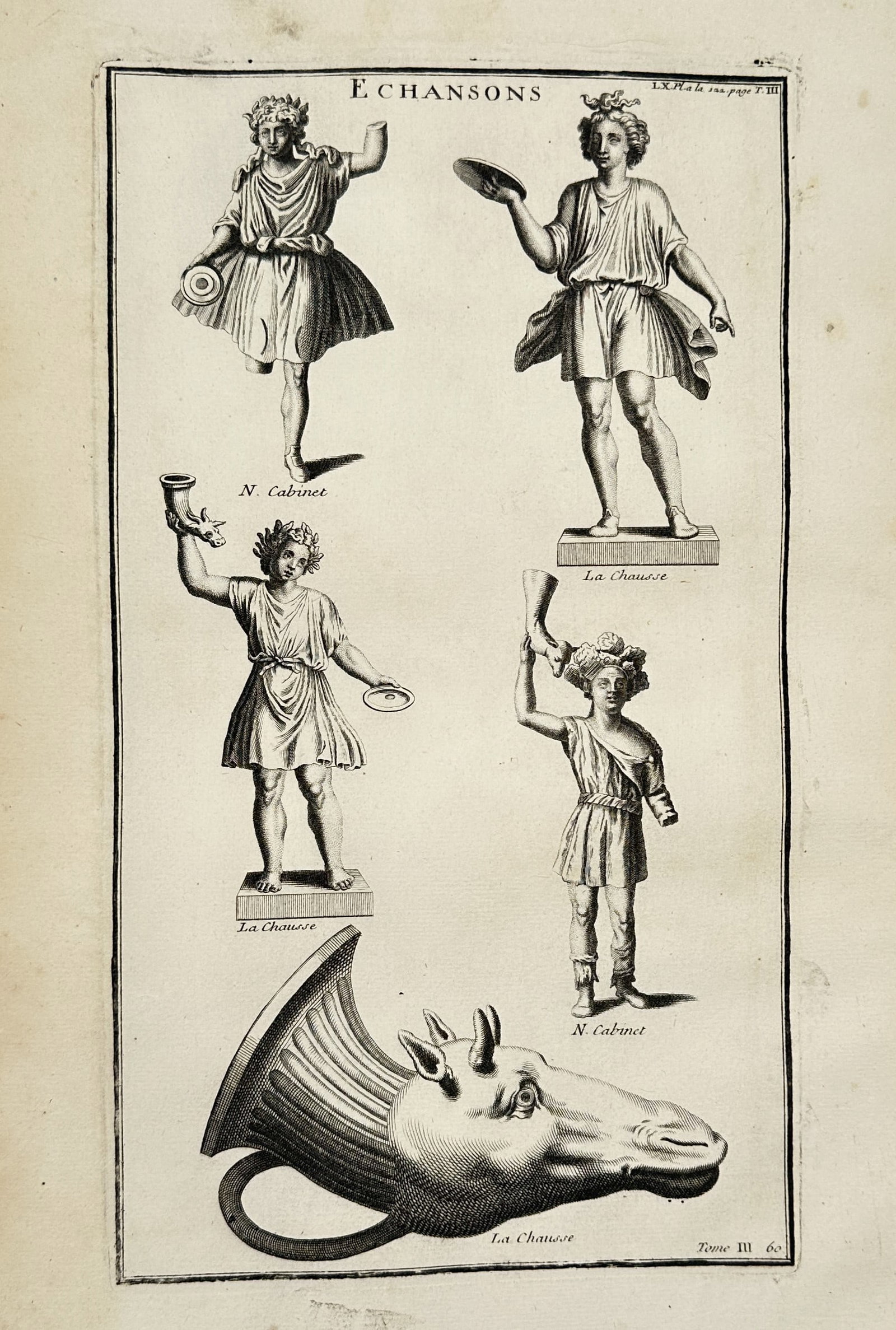 Bernard de Montfaucon (1655–1741) – Classical Cupbearers and Rhyton – Engraving (1719) (1 of 2)