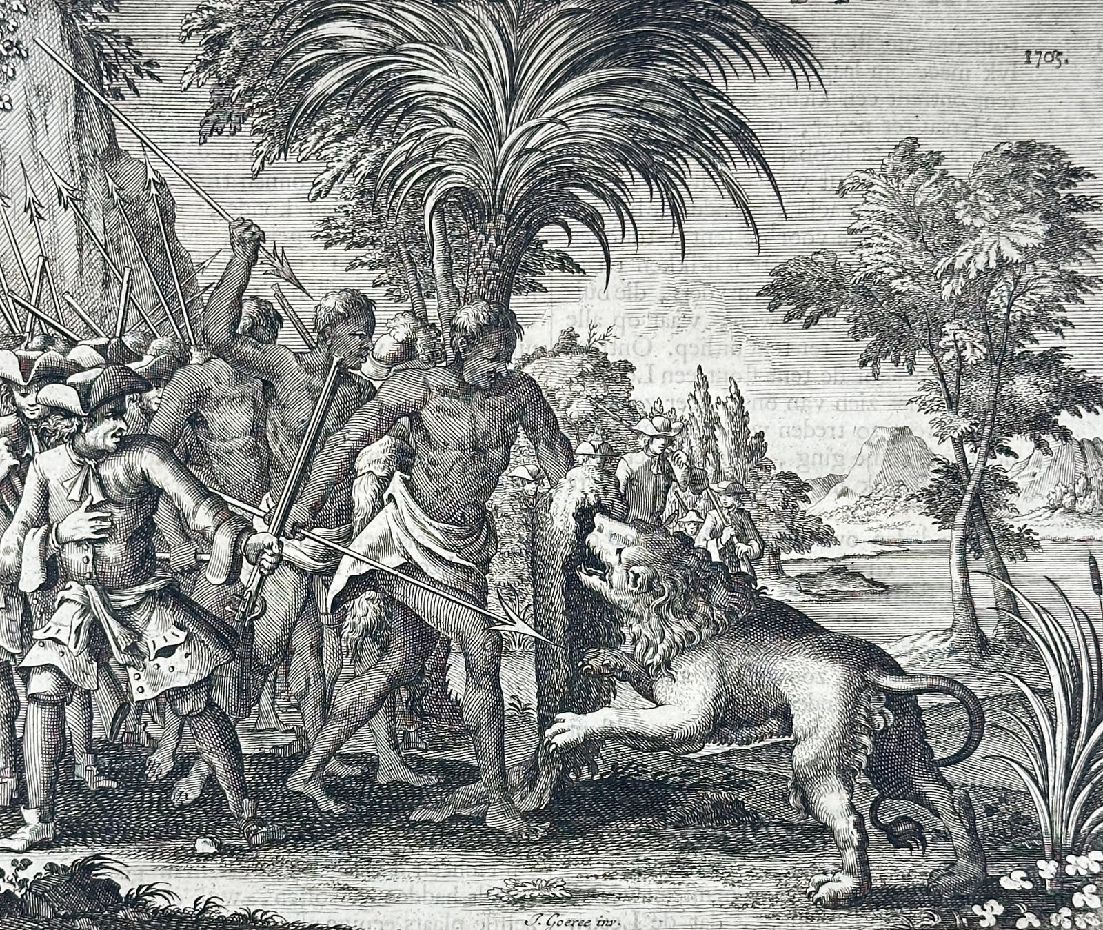 François Valentijn (1666–1727) – Historical Scene of a Lion Attack in South Africa – (1 of 3)