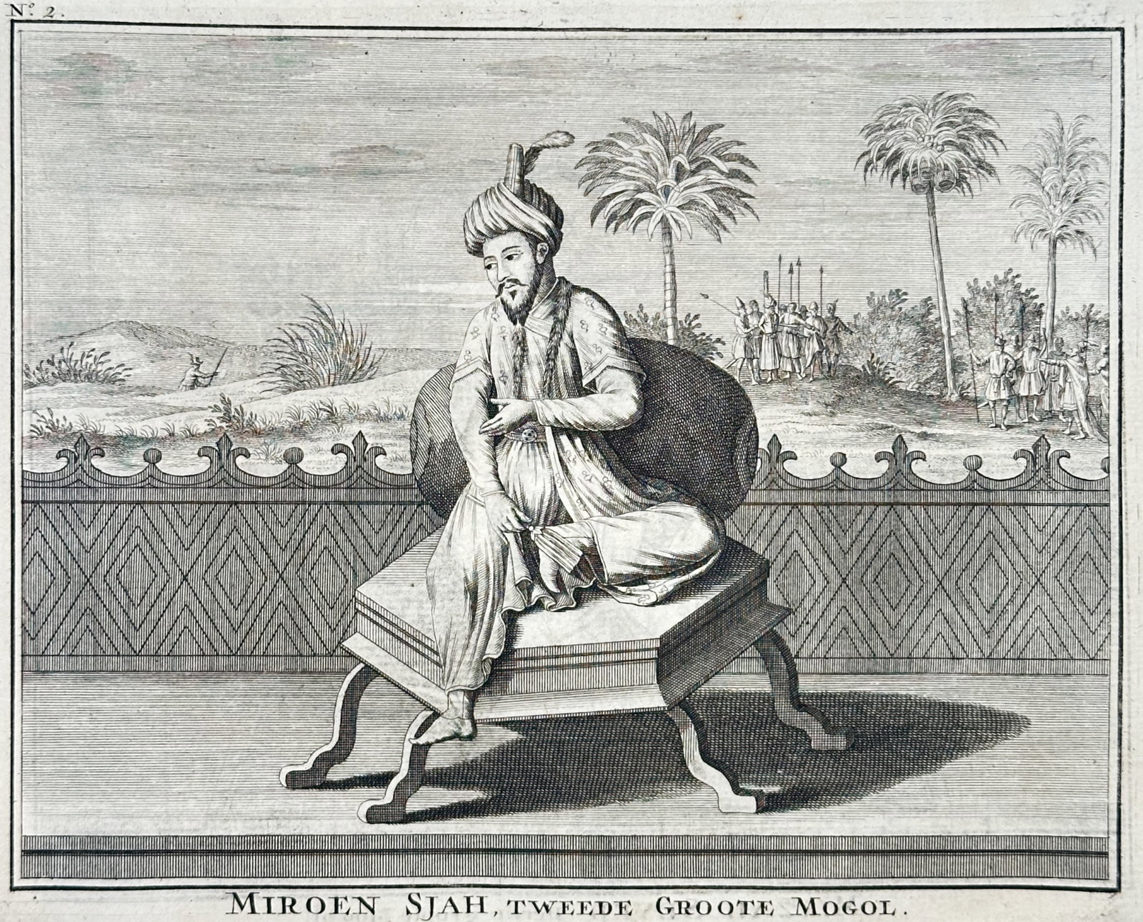 François Valentijn (1666–1727) – Portrait of Miran Shah, Second Great Mughal – Engraving: "Miroen Sjah, Tweede Groote Mogol" illustrates the Mughal prince Miran Shah seated on an ornate low throne or bolster chair on a terrace overlooking a landscape with palm trees and water, surrounded b