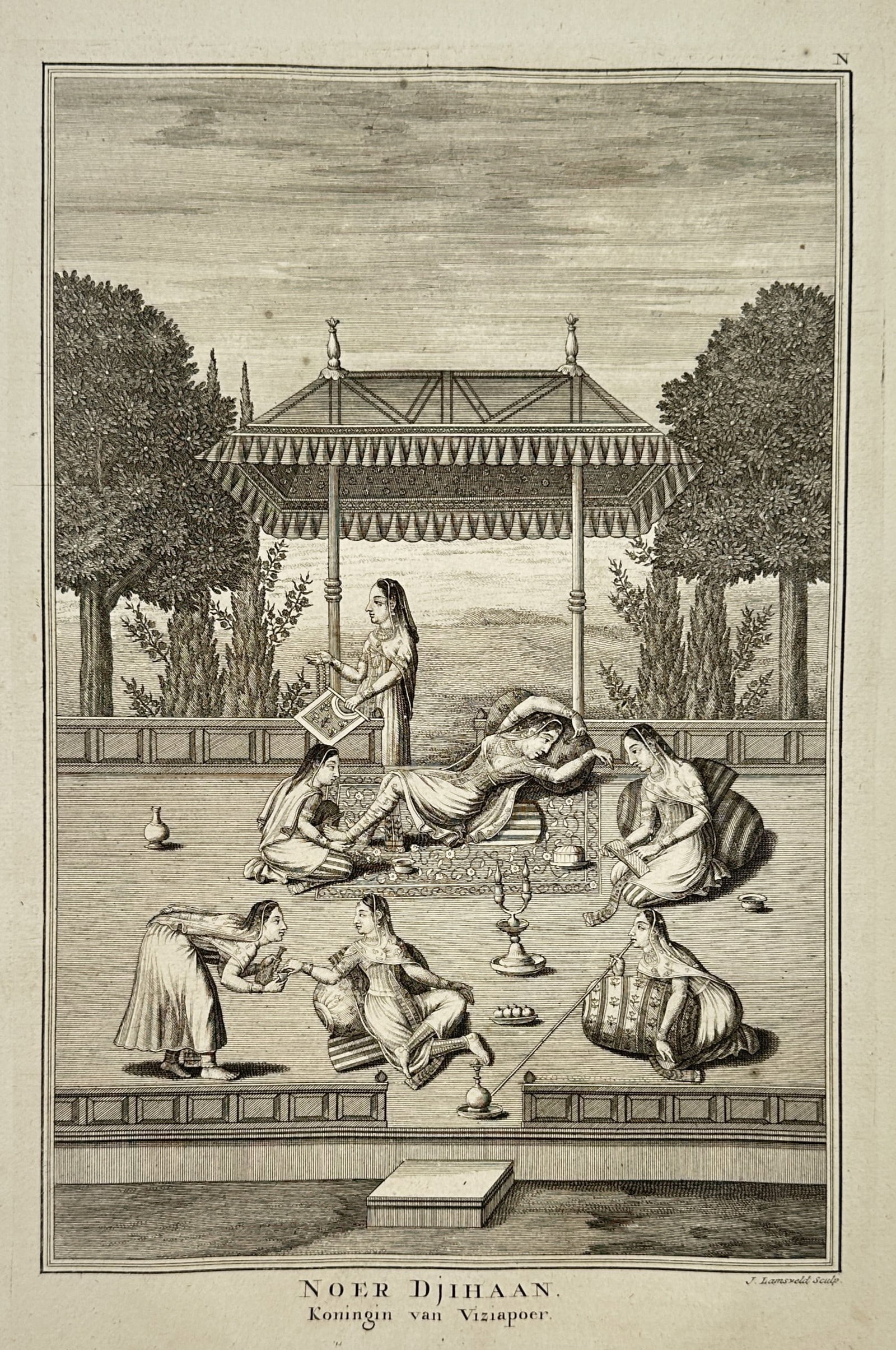 François Valentijn (1666–1727) – Portrait Scene of Empress Nur Jahan – Engraving (1726): "Noer Djihaan, Koningin van Viziapoer" portrays Empress Nur Jahan reclining on a carpet beneath a canopy on an outdoor palace terrace, surrounded by several female attendants playing music, serving re