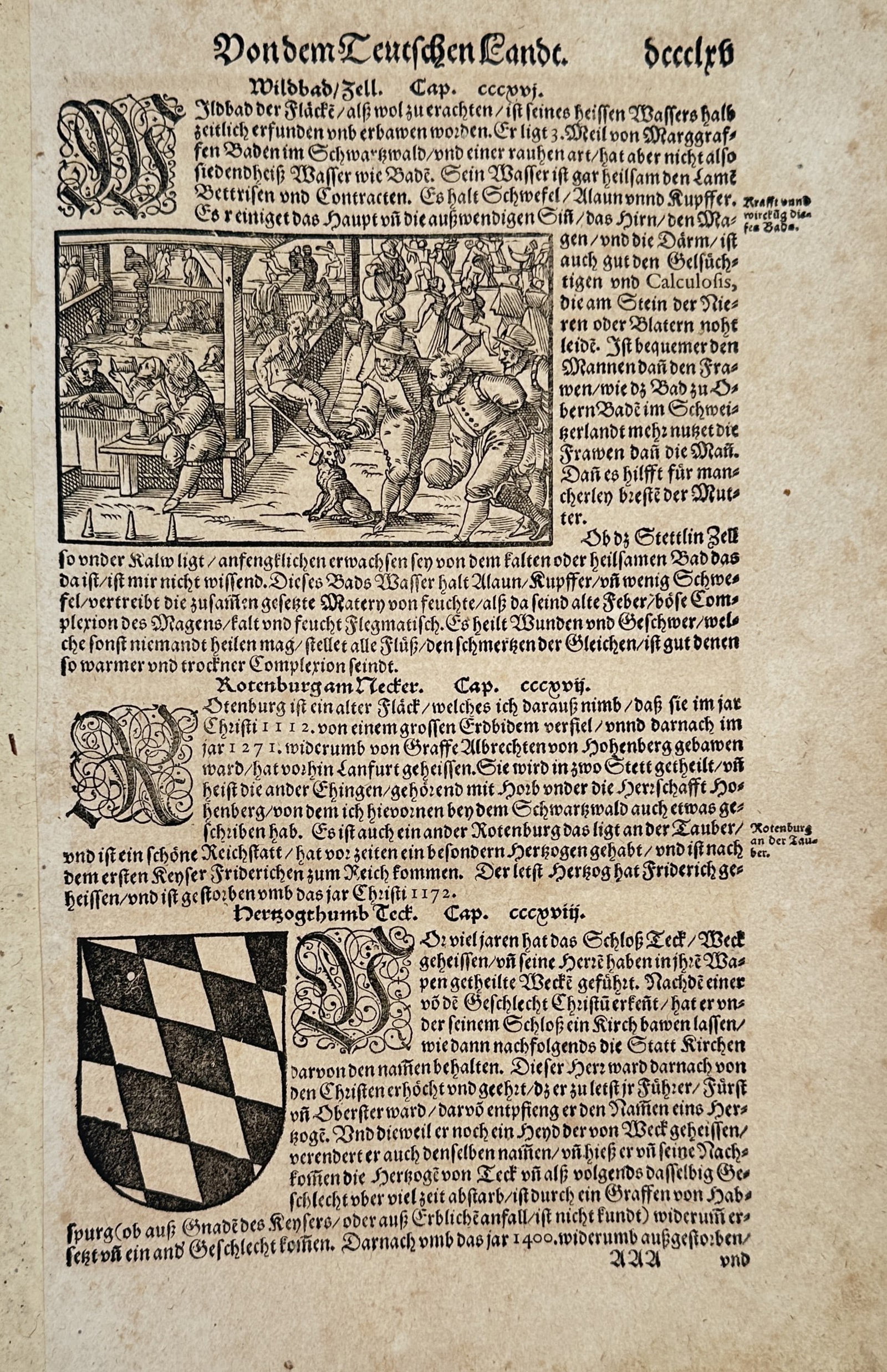 Sebastian Münster (1488–1552) – Historical Account of German Lands and Bad Zell – Woodcut: "Vondem Teutschen Lande" presents a historical and geographical chronicle of German territories, featuring a page of German text in blackletter type integrated with an illustrative woodcut and a heral