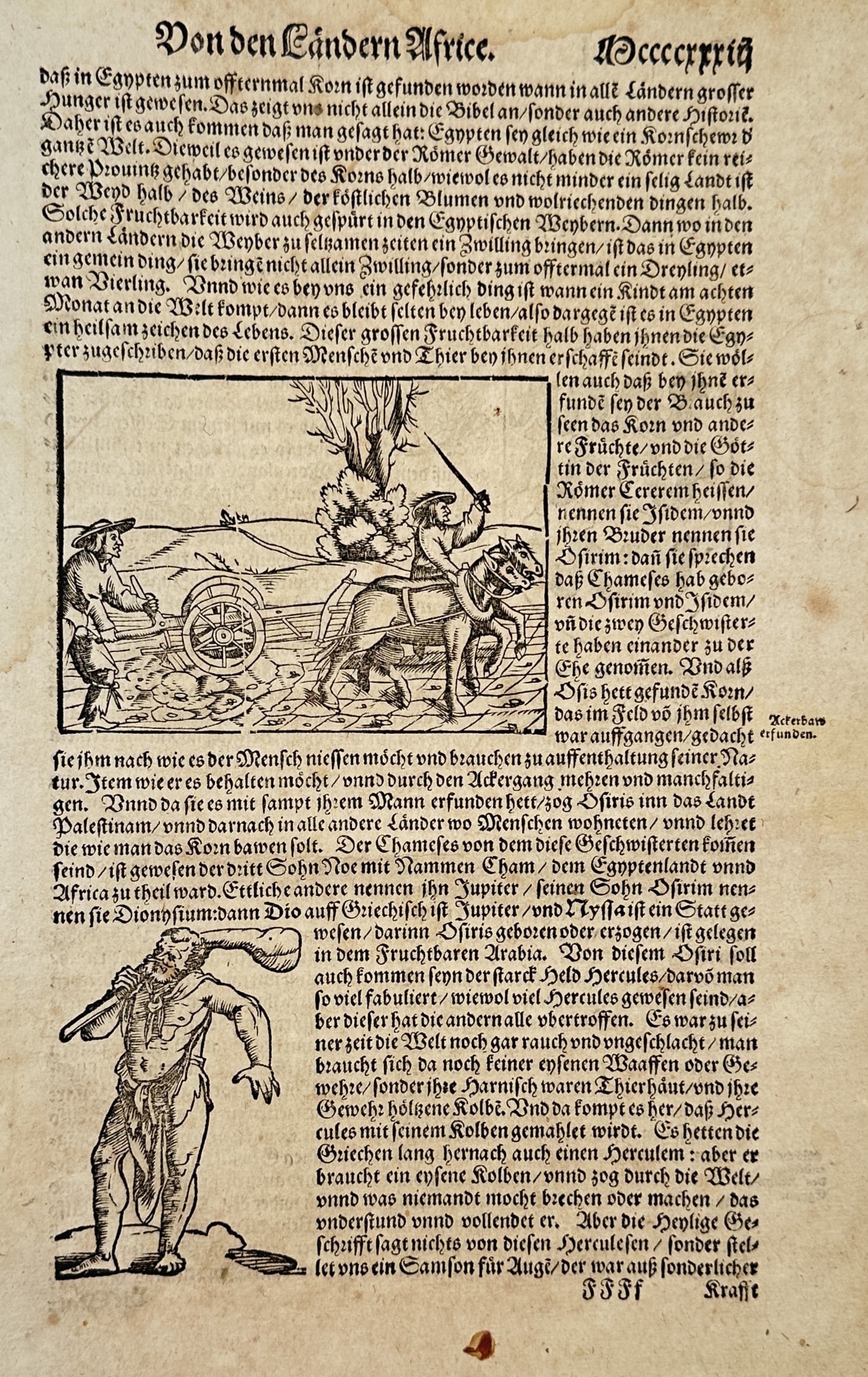 Sebastian Münster (1488–1552) – Historical Account of Africa and Early Agriculture – Woodcut: "Von den Ländern Africe" describes the geography, agricultural history, and mythological origins associated with the African continent and Egypt, featuring a full page of German text in blackletter t