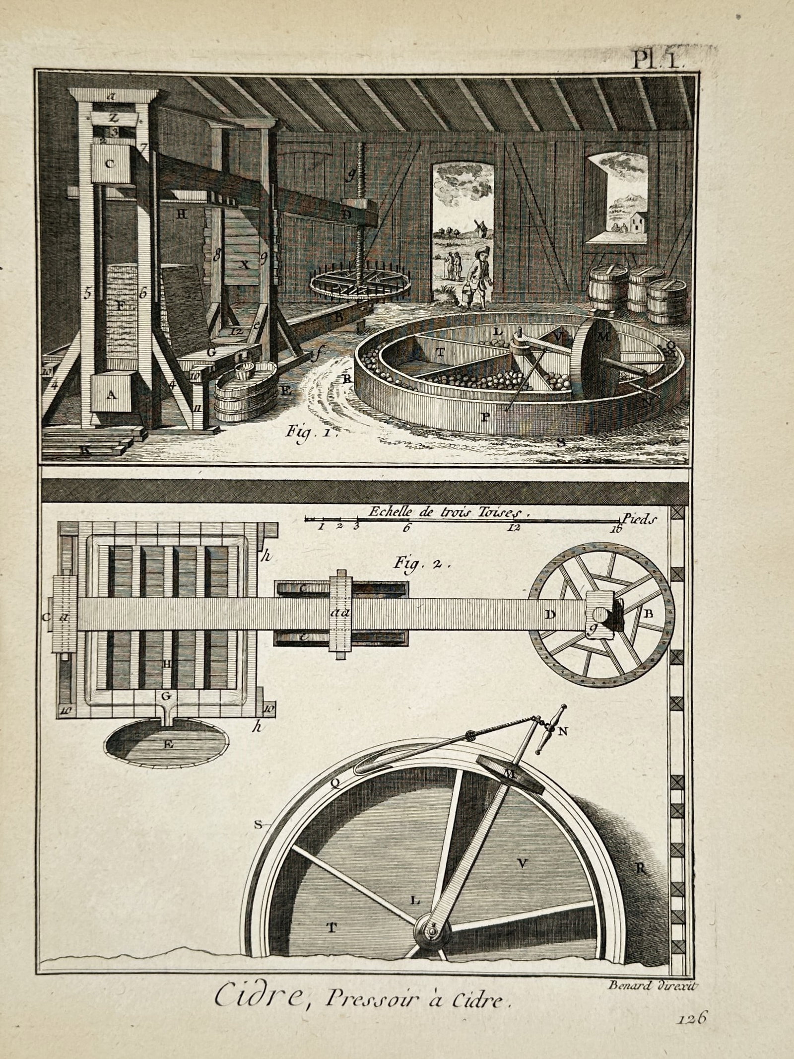 Robert Bénard (1734–1777) – Technical Illustration of a Cider Press and Mill – Engraving (c. (1 of 2)