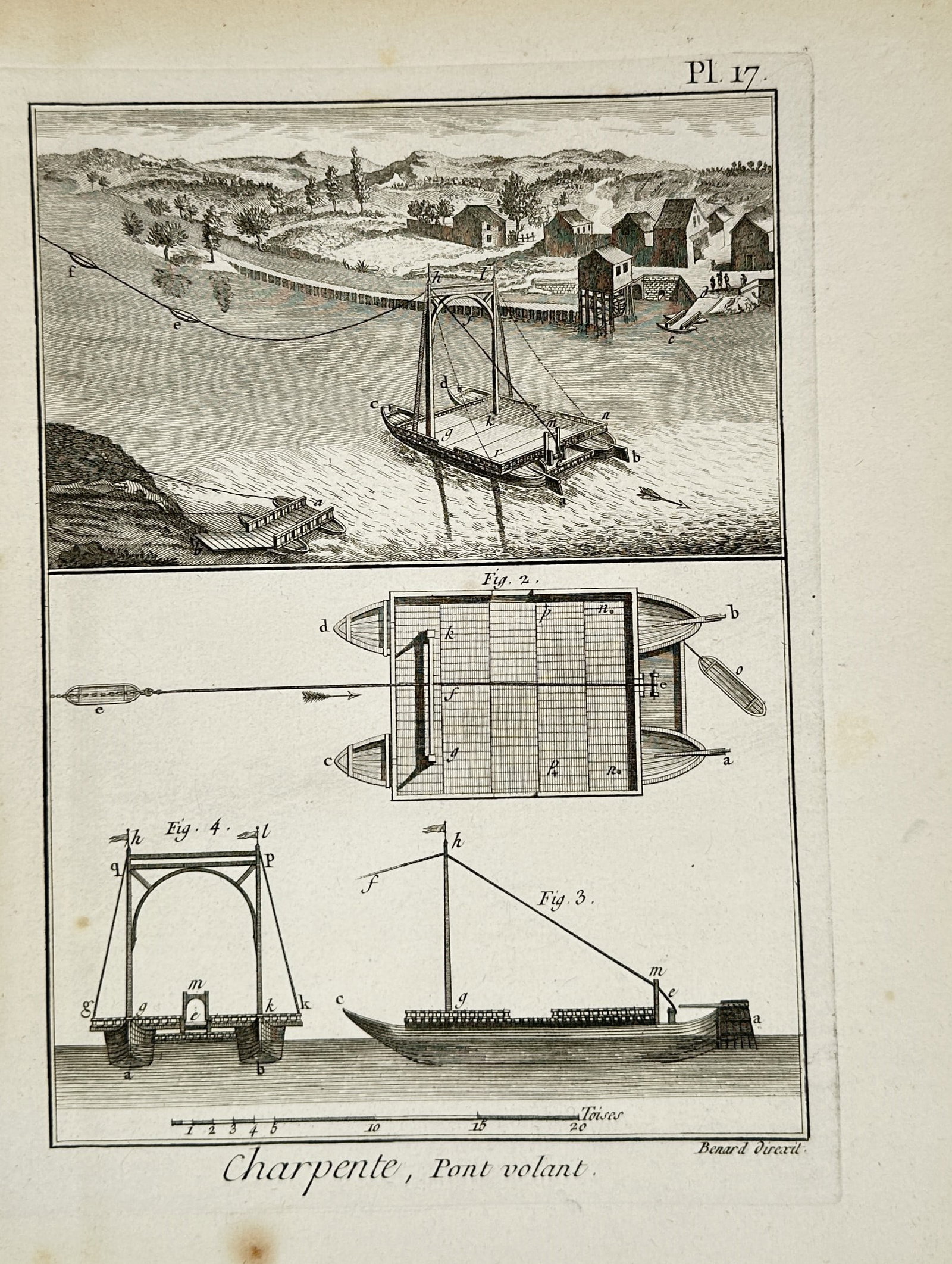 Robert Bénard (1734–1777) – Technical Illustration of a Flying Bridge – Engraving (c. 1770) (1 of 2)