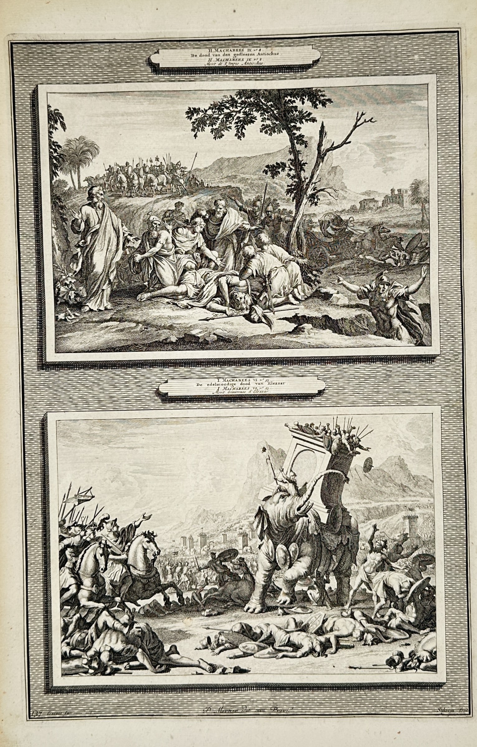 Pierre Mortier (1643–1711) – Biblical Illustrations of the Death of Antiochus and Eleazar (1 of 2)