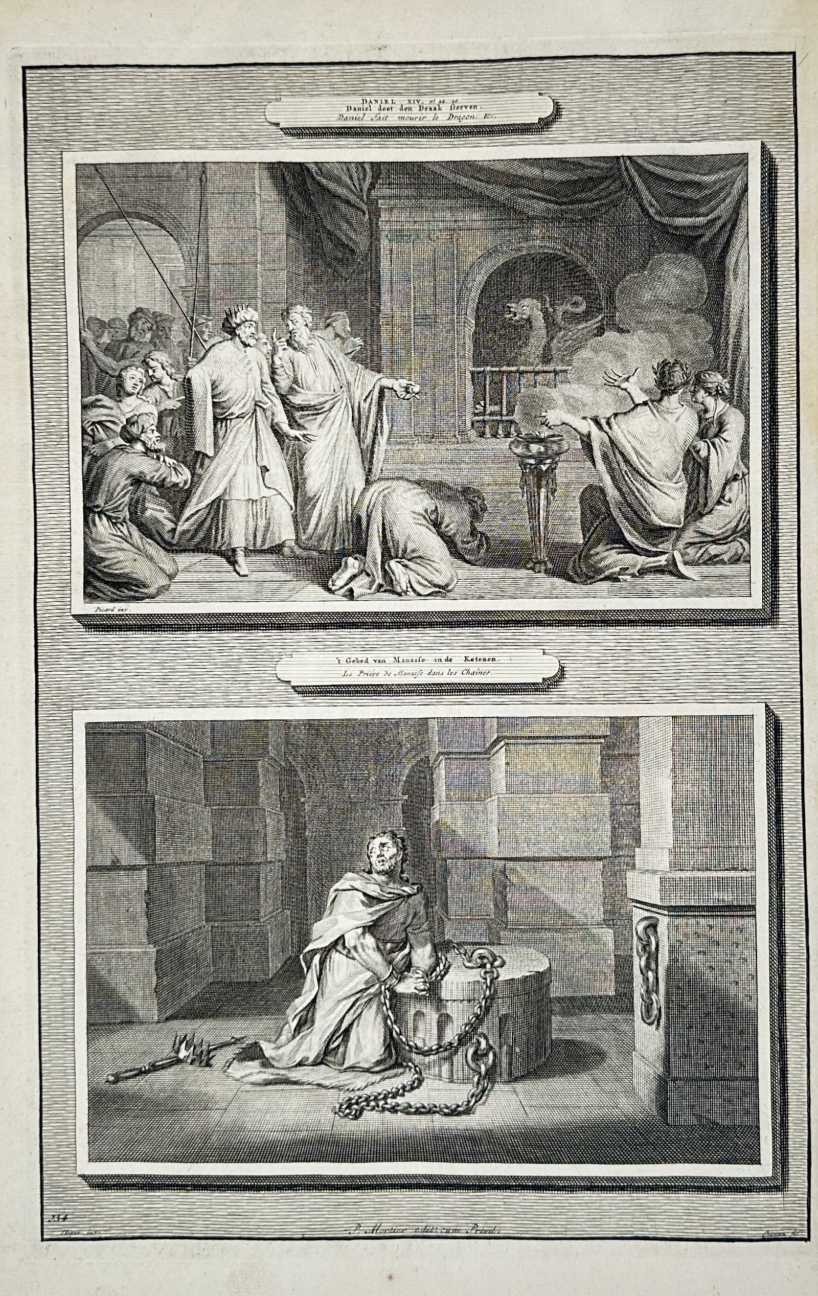 Pierre Mortier (1643–1711) – Biblical Illustrations of Daniel Exposing the Dragon of Babylon: "Histoire du Vieux et du Nouveau Testament" features two dramatic narrative scenes from biblical and apocryphal history within separate bordered panels. The upper scene illustrates Daniel exposing the