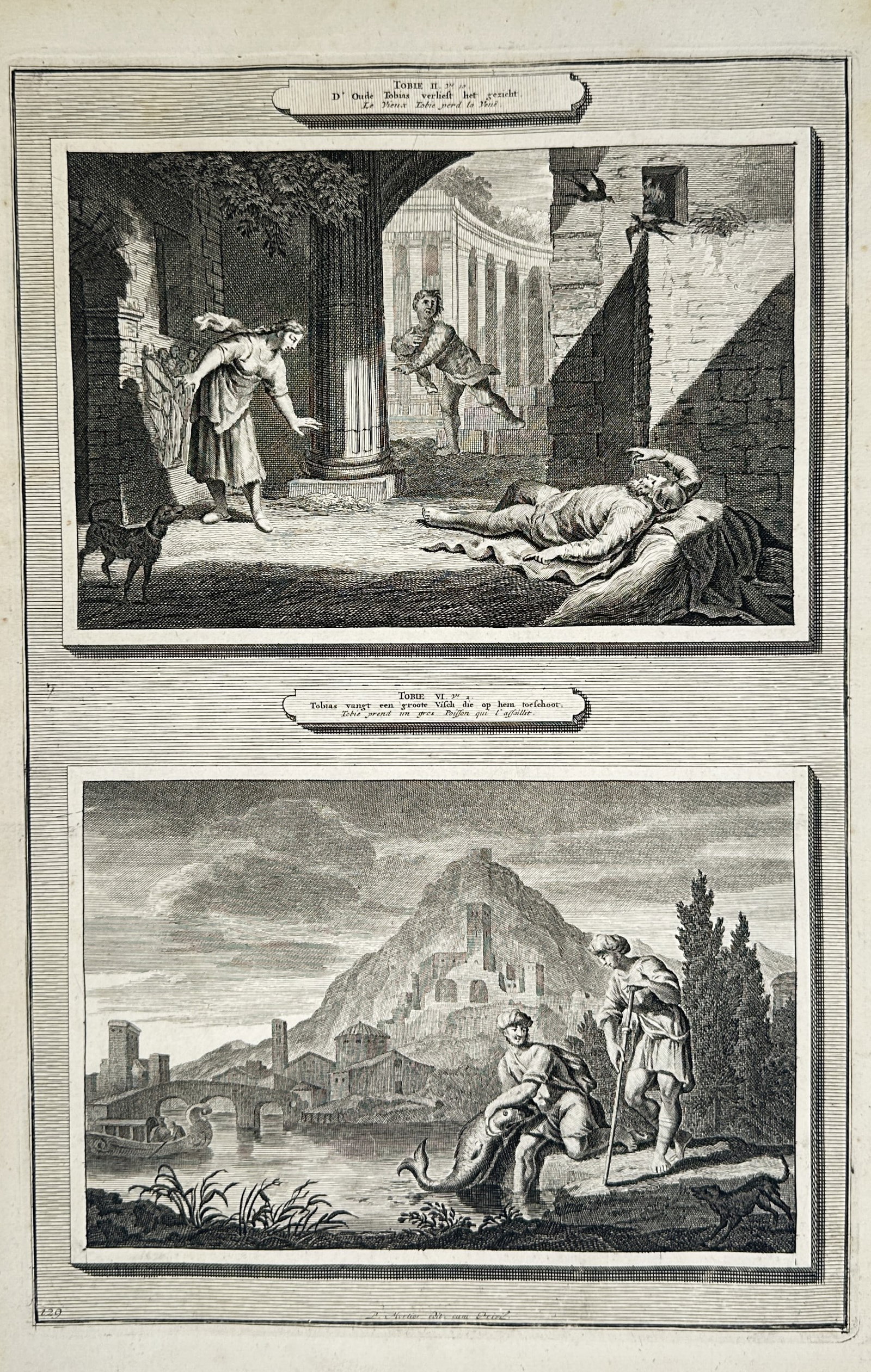 Pierre Mortier (1643–1711) – Biblical Illustrations of Tobit Blinded by Sparrow Droppings: "Histoire du Vieux et du Nouveau Testament" features two dramatic narrative scenes from the Book of Tobit within separate bordered panels. The upper scene illustrates the blinding of Tobit, showing hi
