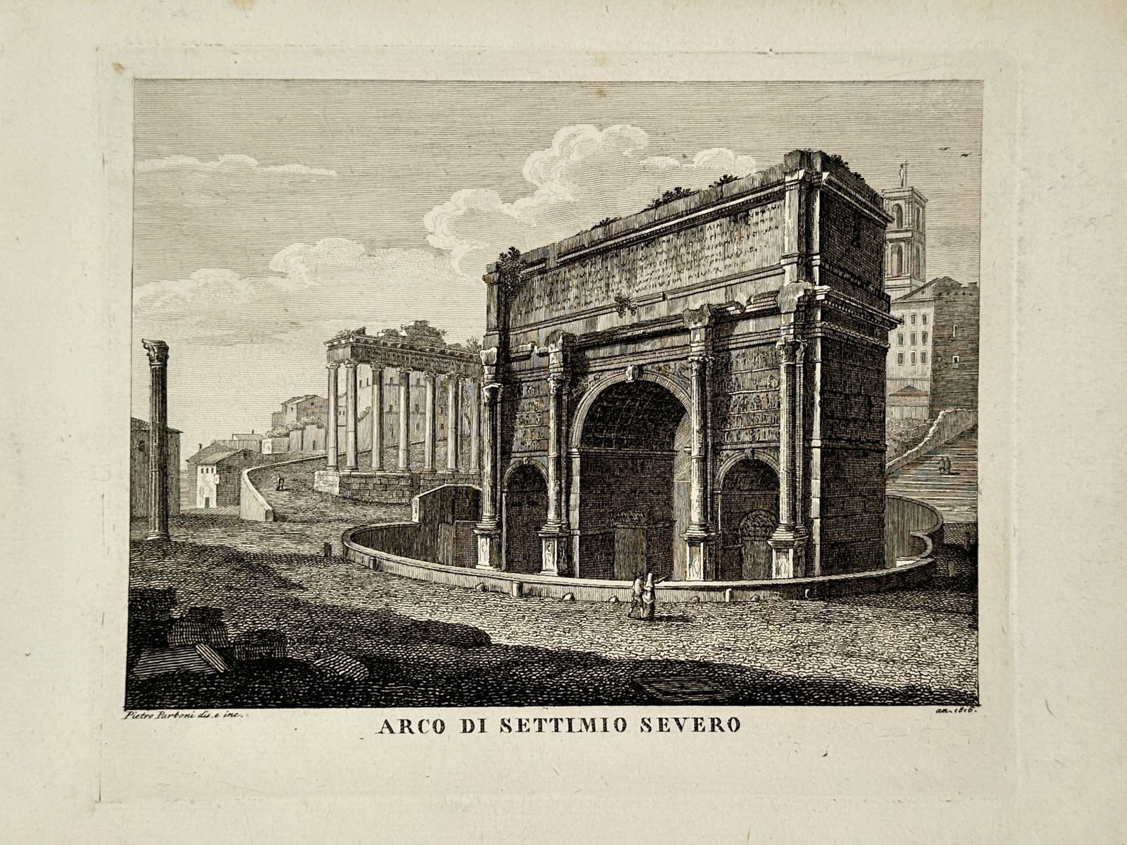 Pietro Parboni (1783–1841) – Vedute of the Arch of Septimius Severus – Engraving (1820): "Arco di Settimio Severo" features a dramatic architectural view of the famous triple-arched triumphal monument in the Roman Forum, showcasing its ornate columns, sculpted reliefs, and partly excavate