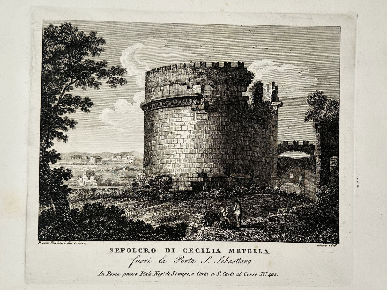 Pietro Parboni (1783–1841) – Vedute of the Tomb of Caecilia Metella – Engraving (1818) (1 of 2)
