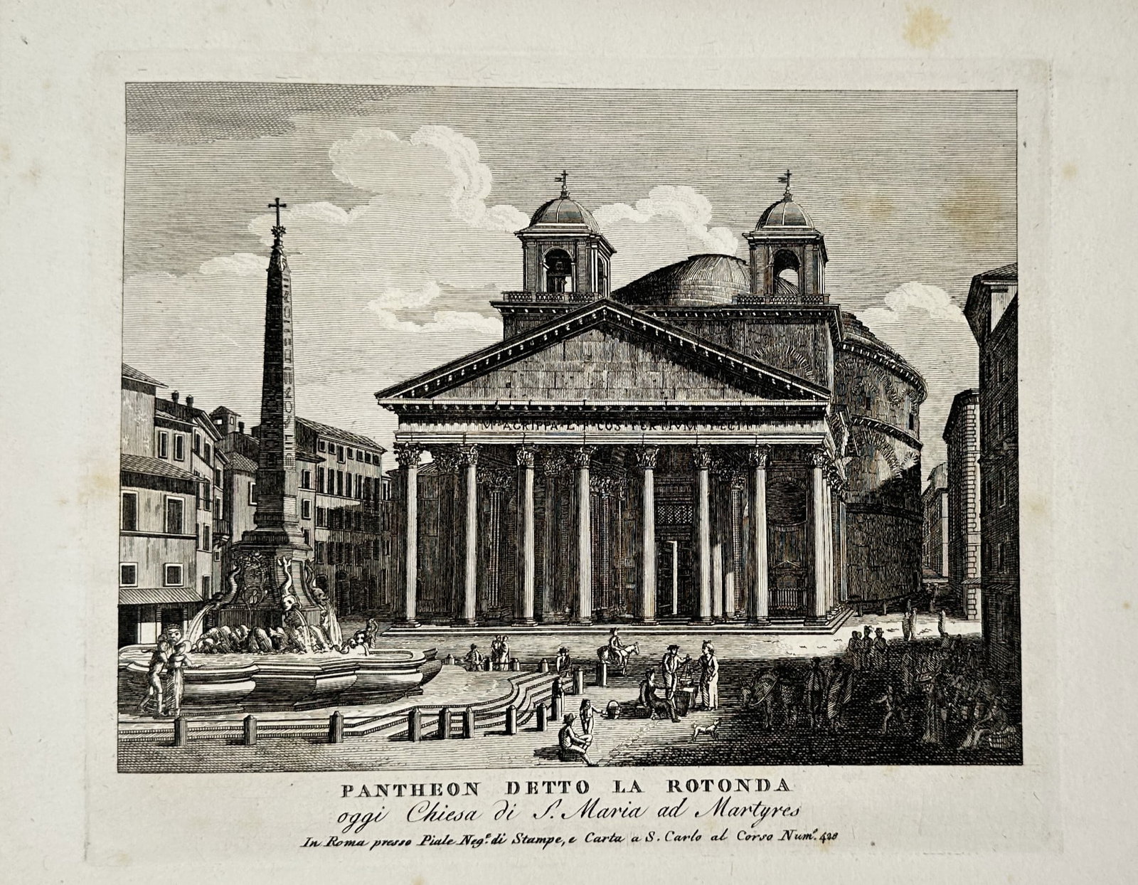 Pietro Parboni (1783–1841) – Vedute of the Pantheon in Rome – Engraving (1820): "Pantheon detto la Rotonda oggi Chiesa di S. Maria ad Martyres" features a dramatic architectural view of the iconic ancient Roman monument in the Piazza della Rotonda, showcasing its classical portic