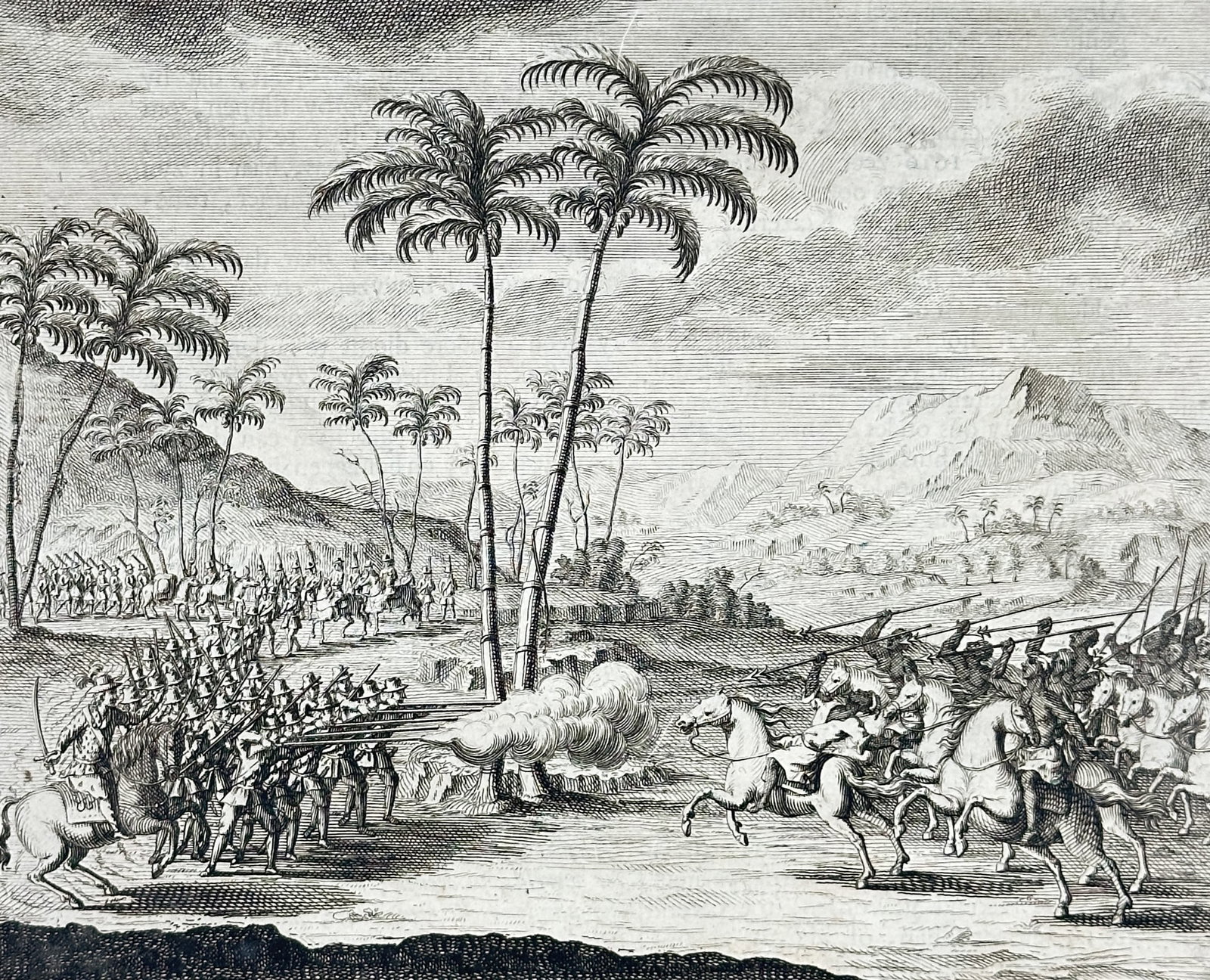 François Valentijn (1666–1727) – Historical View of Pieter van den Broecke in the Mughal Empire: "Groote Mogols" features a dynamic historical narrative scene depicting a military skirmish or formal cavalcade of horsemen and foot soldiers meeting in an exotic landscape characterized by tall palm 