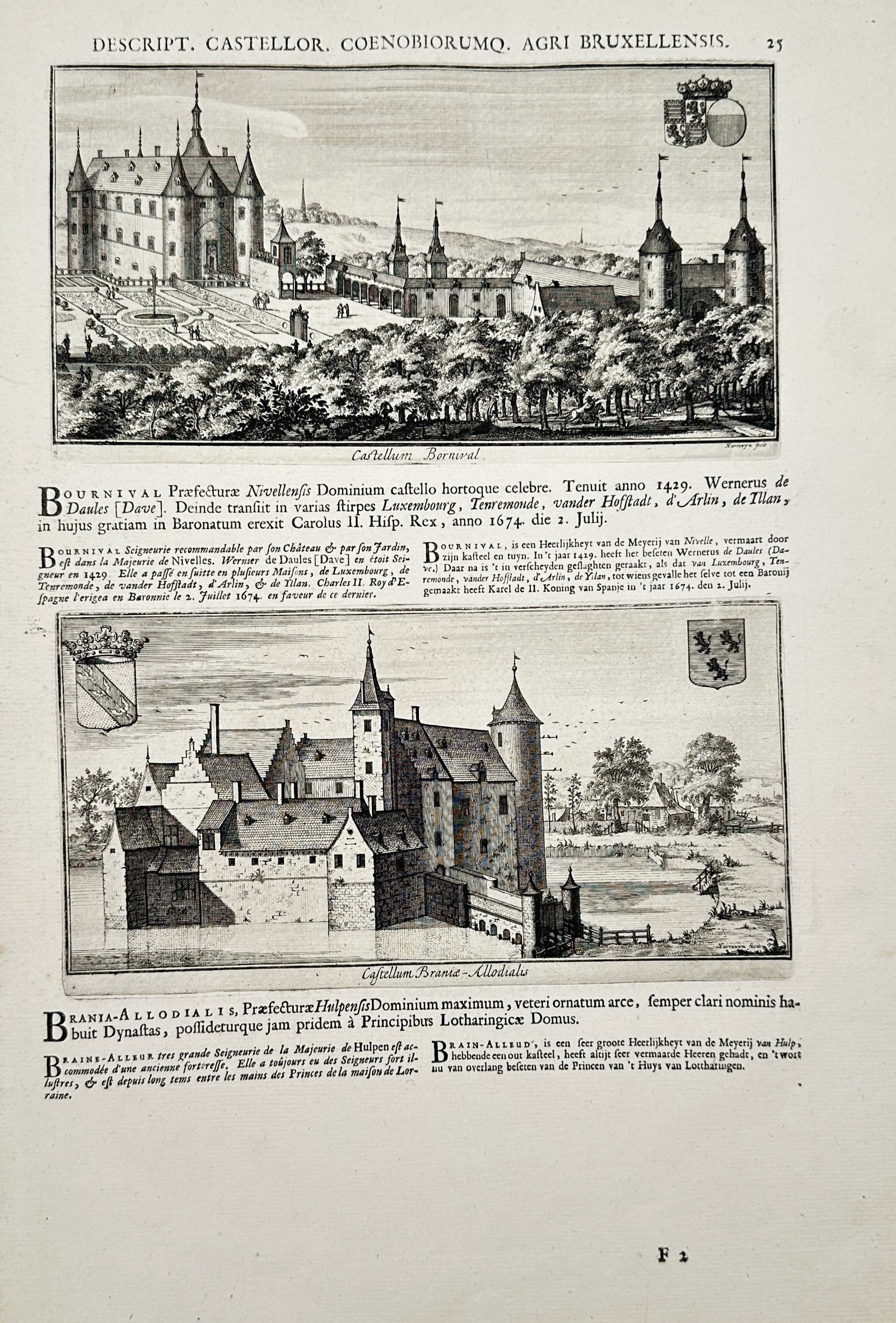 Jacobus Le Roy – Views of Castellum Bornival and Castellum Brania Allodialis – Engraving (1696): "Descript. Castellor. Coenobiorumq. Agri Bruxellensis" features two distinct historical architectural illustrations arranged vertically on a single page with accompanying Latin, French, and Dutch typo