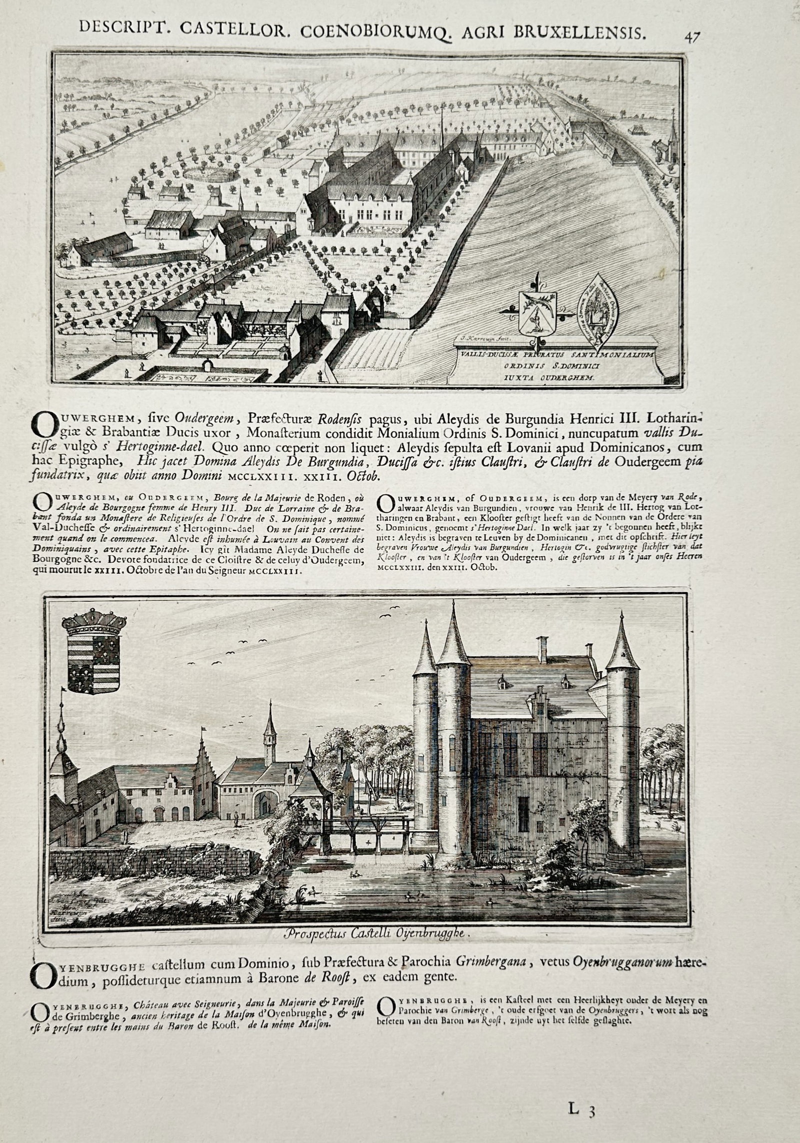 Jacobus Le Roy – Views of Val-Duchesse Priory and Castle Oyembrugge – Hand-coloured Engraving (1 of 2)
