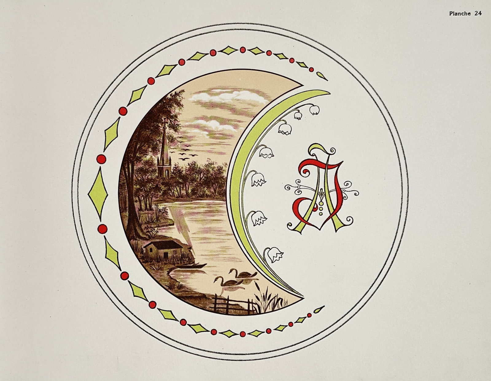 Thérèse de Dillmont (1846–1890) – Art Nouveau Monogram Pattern Design – Chromolithography: "Planche 24" features an elegant circular Art Nouveau embroidery pattern framing a large decorative monogram composed of interlocking letters stylized with red and light green tones. The left side of 
