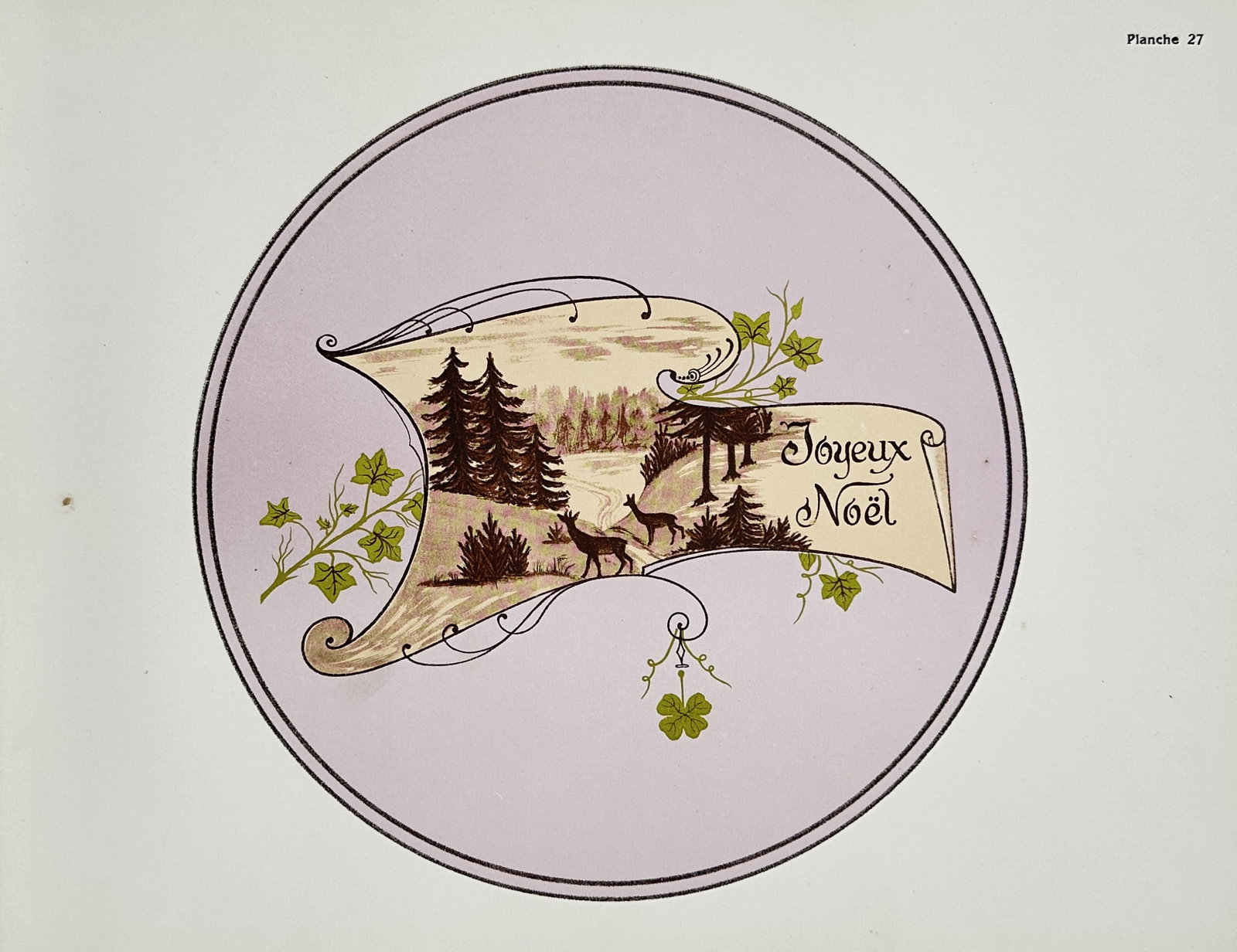 Thérèse de Dillmont (1846–1890) – Art Nouveau Joyeux Noël Pattern Design –: "Planche 27" features an elegant circular Art Nouveau embroidery pattern framing a decorative unfurled banner inscribed with the French holiday greeting Joyeux Noël. The banner contains a scenic wint