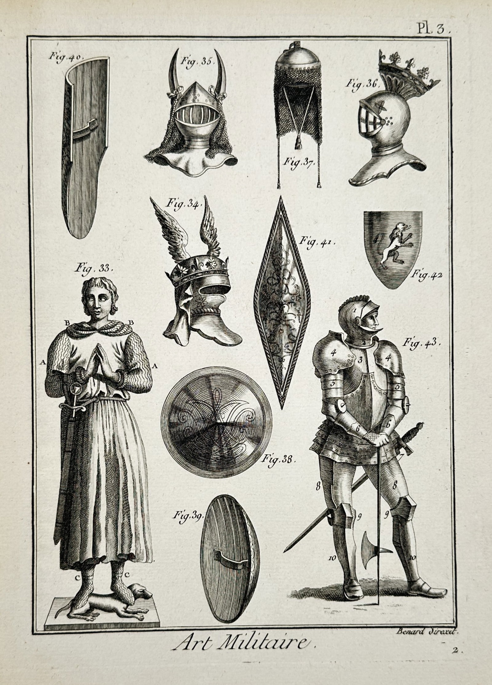Robert Bénard – Military Illustration of Medieval Armor, Helmets, and Shields – Engraving (1 of 2)