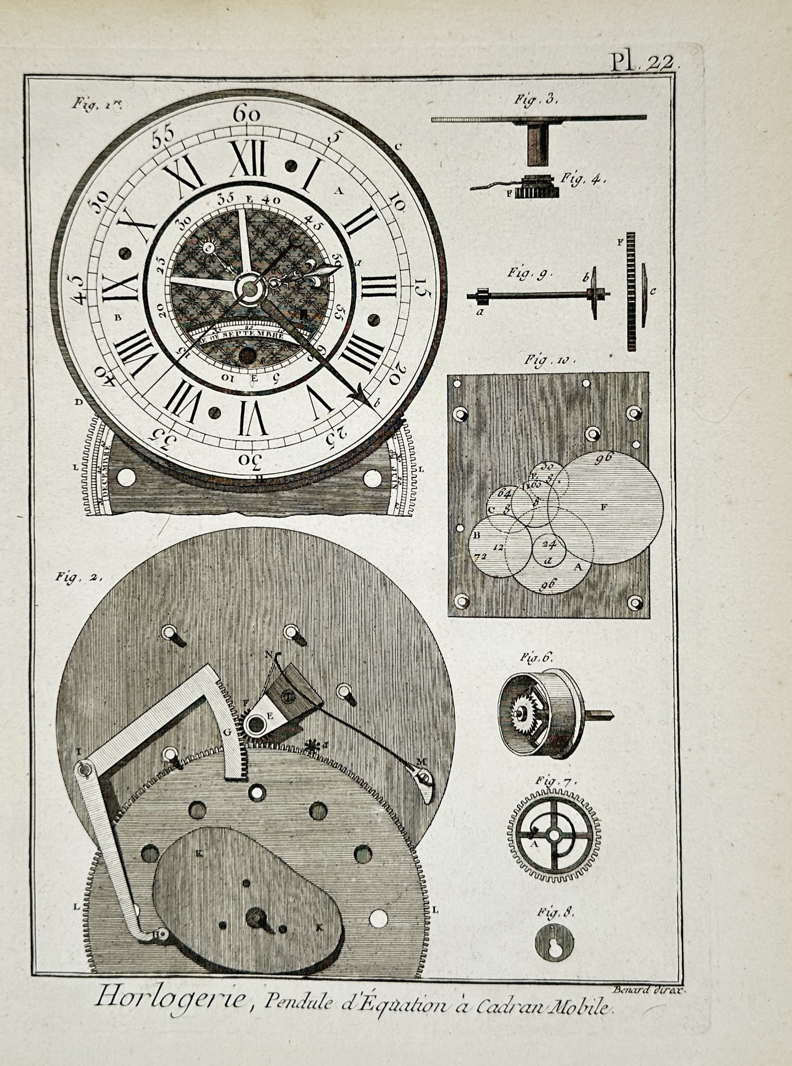 Robert Bénard – Horological Illustration of an Equation Clock Mechanism – Engraving (circa (1 of 2)