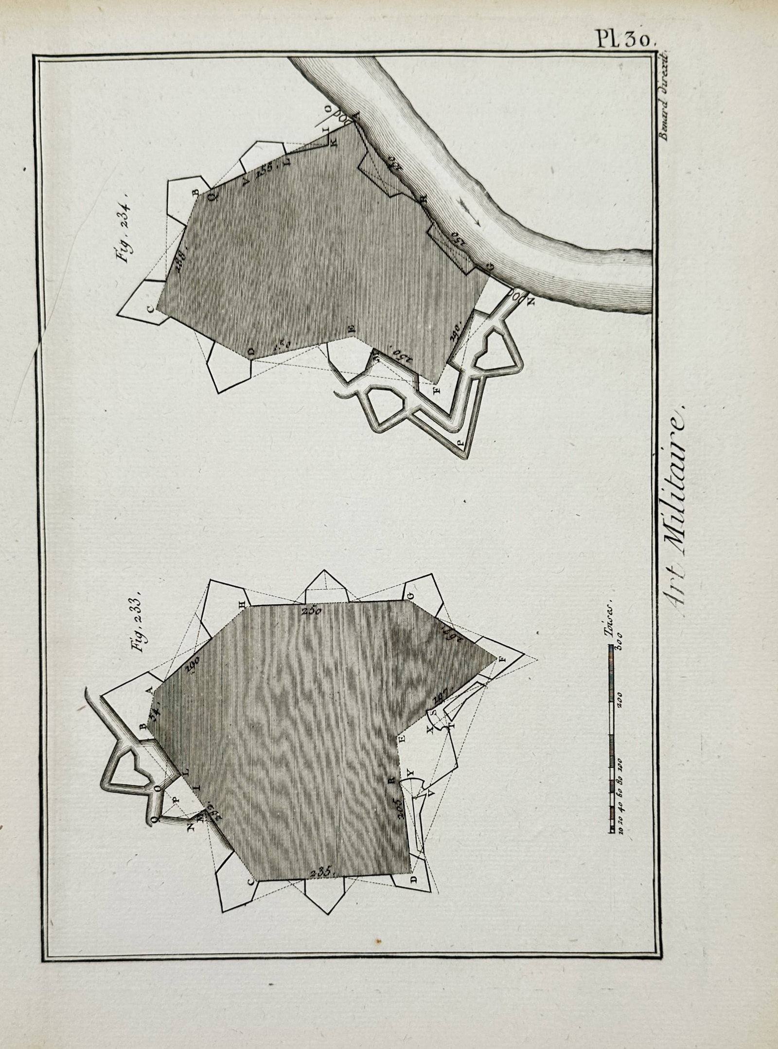 Robert Bénard – Military Illustration of Fortification Geometry and River Defense Plans – (1 of 2)