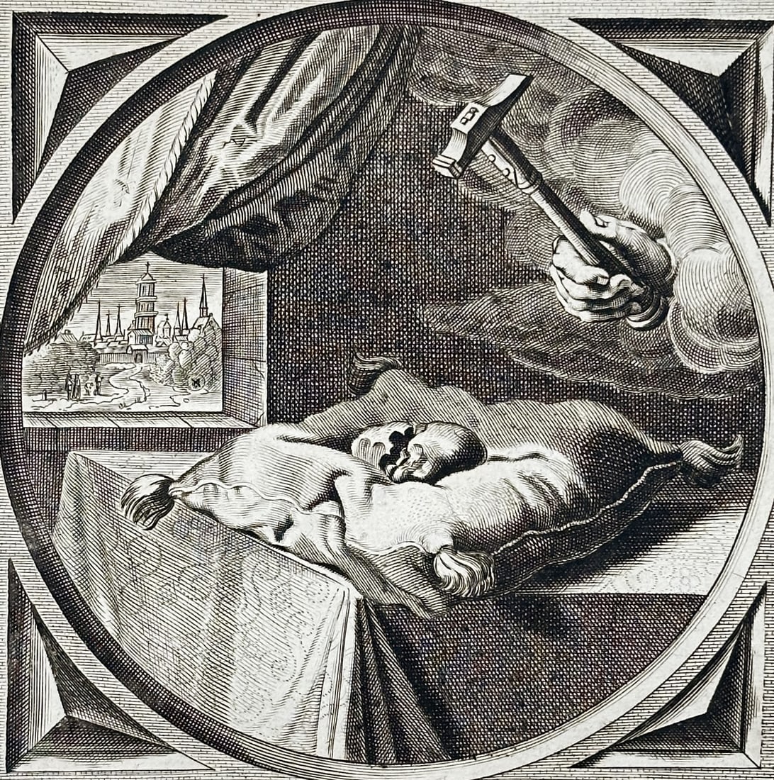 Jacob Cats – Emblematic Illustration of a Smelter Refining Metal – Engraving (circa 1627) (1 of 3)