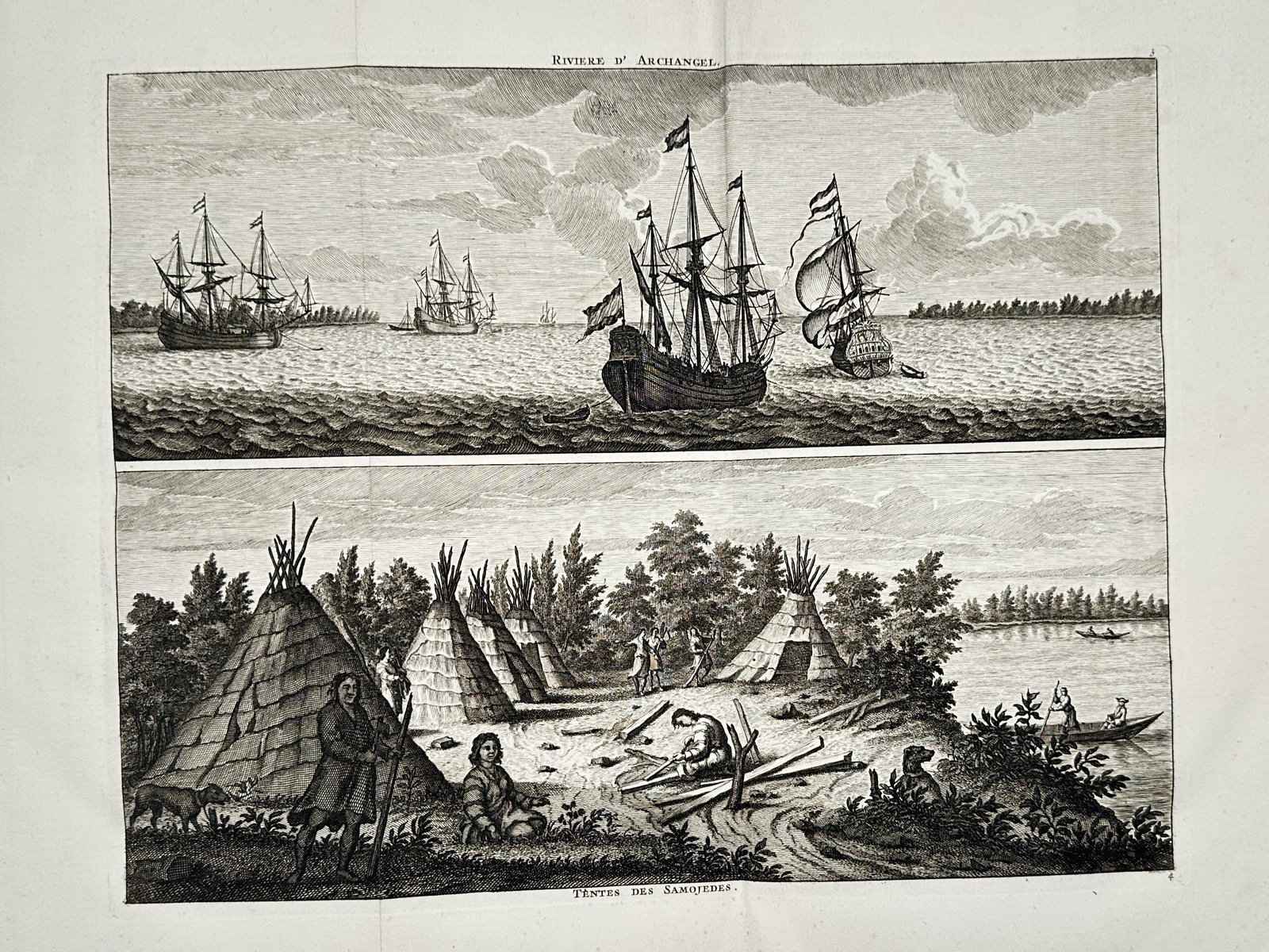 Cornelis de Bruyn – Historical Illustration of the Arkhangelsk River and Samoyed Tents – (1 of 2)