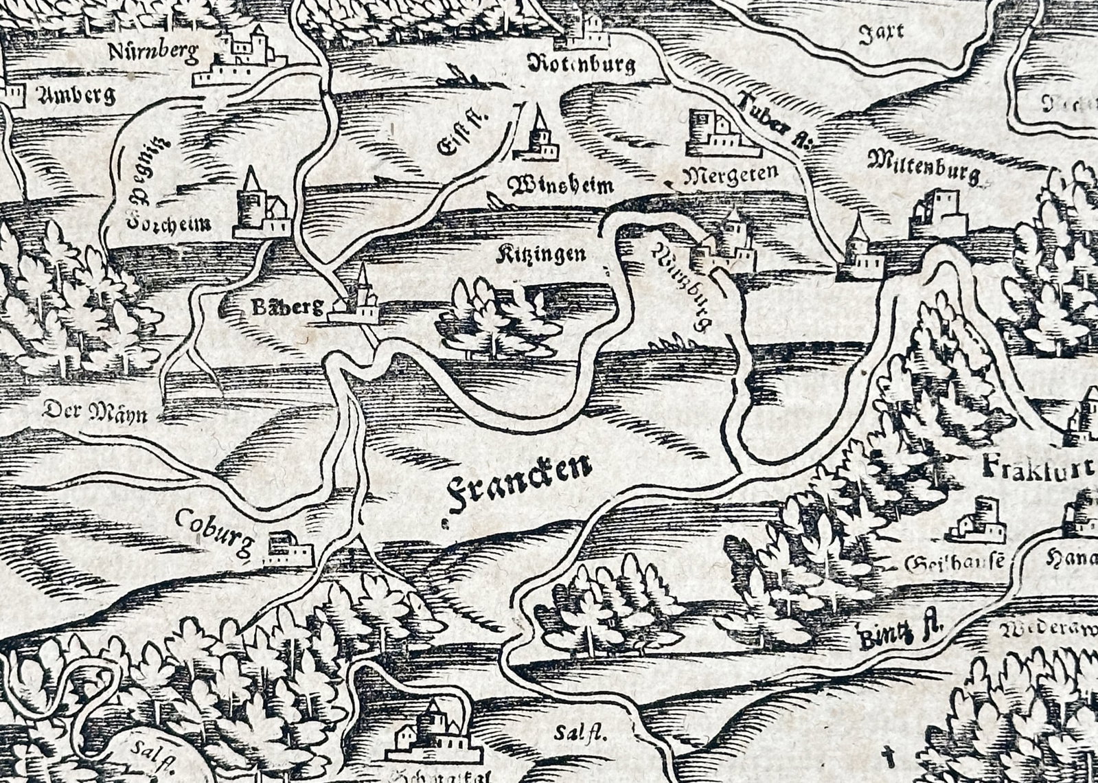 Sebastian Münster – Map of Franconia – Germany – Woodcut (circa 1550) (1 of 3)