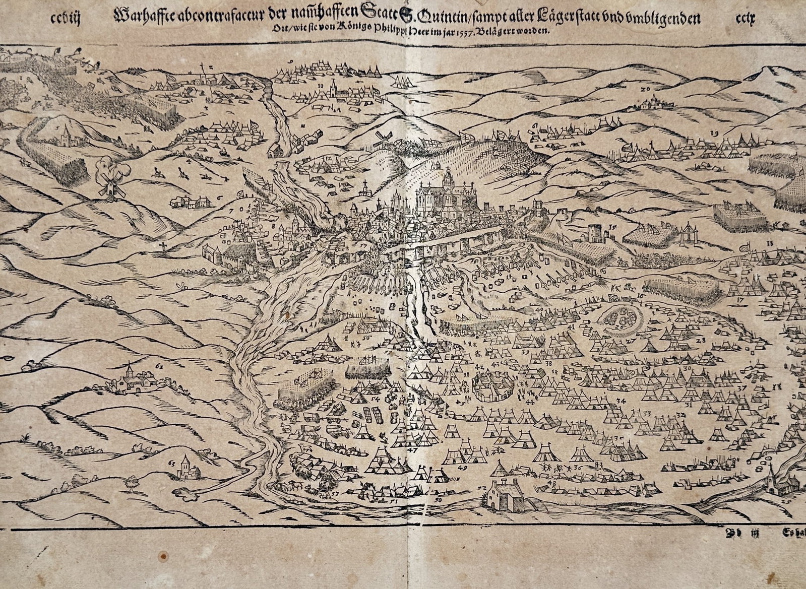 Sebastian Münster – Map of the Siege of Saint-Quentin – France – Woodcut (circa 1560) (1 of 3)