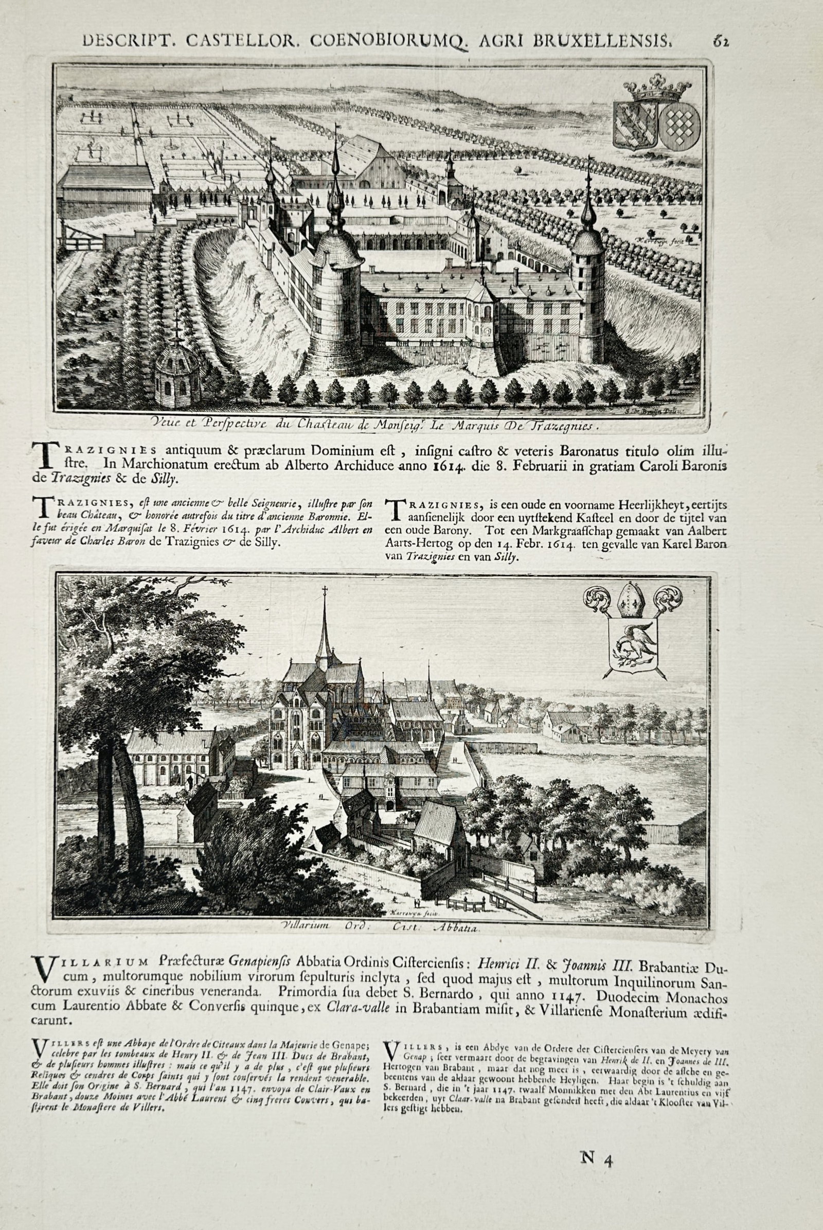 Jacques Le Roy – Topographical Views of Monfeis Château and Villers Abbey – Engraving: "Descript. Castellor. Coenobiorumq. Agri Bruxellensis" features two distinct horizontal panels showcasing historical Belgian landmarks. The upper illustration depicts a birds-eye panoramic perspective