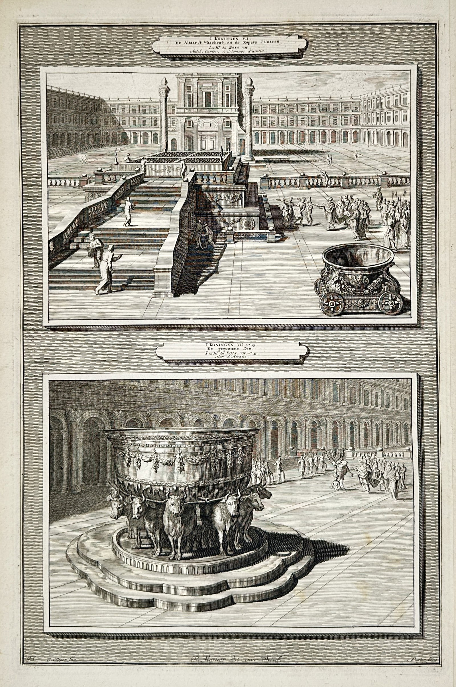 Pieter Mortier – Biblical Illustrations of the Temple Court and the Molten Sea – Engraving: This print features two distinct horizontal panels within a vertical composition, detailing the monumental sacred vessels and structures of Solomon's Temple from the Old Testament. The upper illustrat