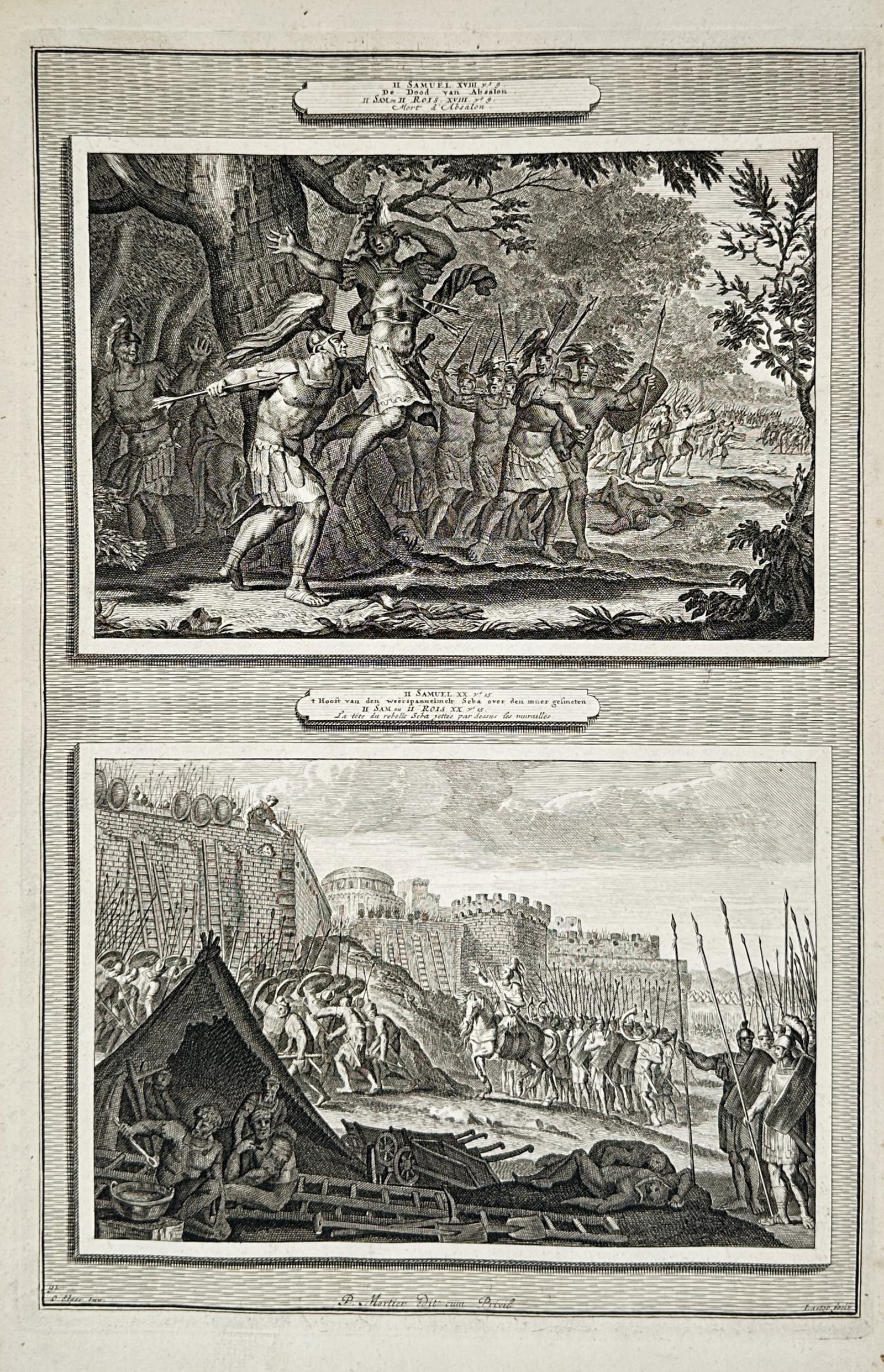 Pieter Mortier – Biblical Illustrations of the Death of Absalom and the Siege of Rabbah: This print features two distinct horizontal panels within a vertical composition, detailing dramatic wartime narratives from the Second Book of Samuel in the Old Testament. The upper illustration depi